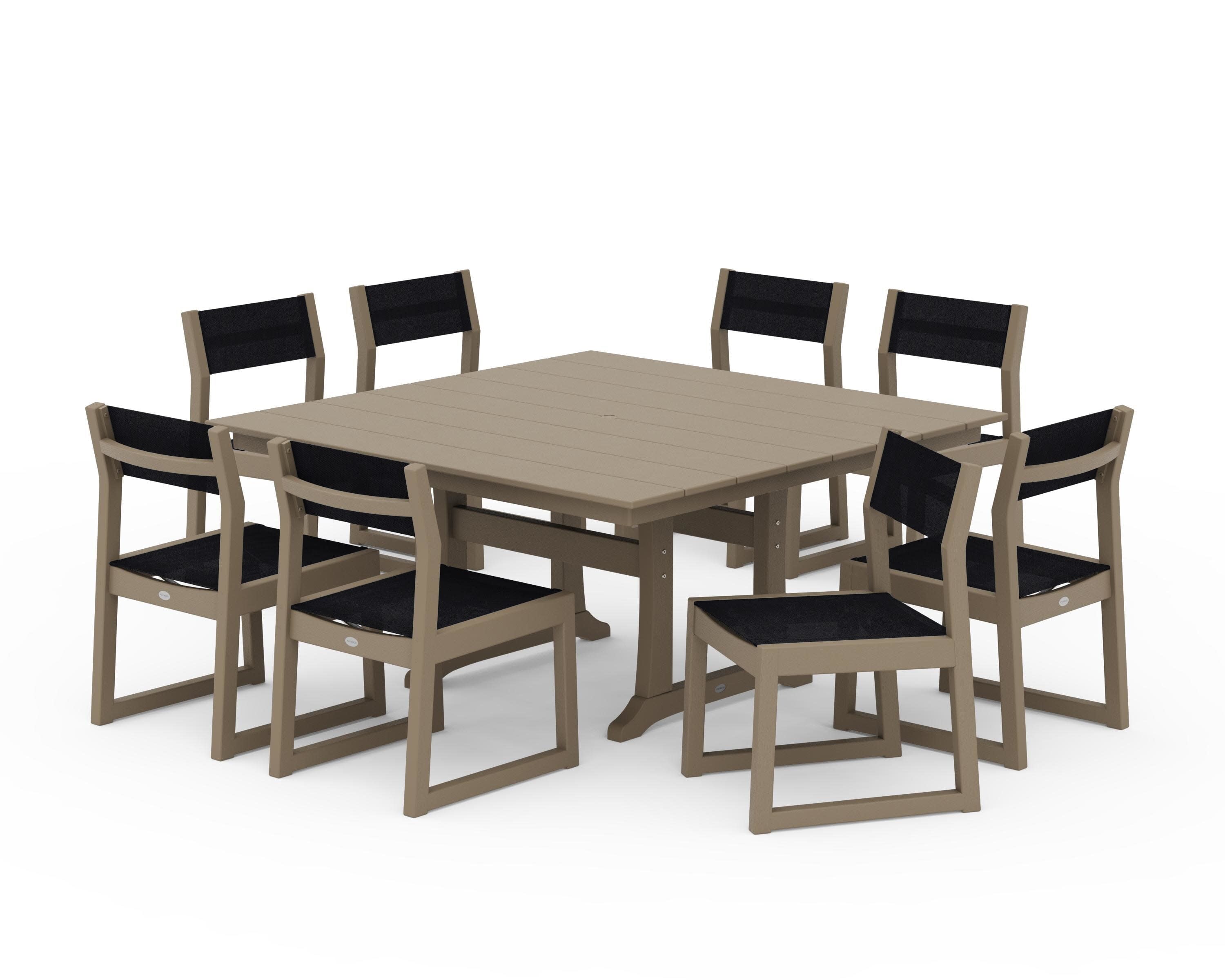 EDGE Sling Side Chair 9-Piece Farmhouse Trestle Dining Set in Vintage Sahara / Black Sling