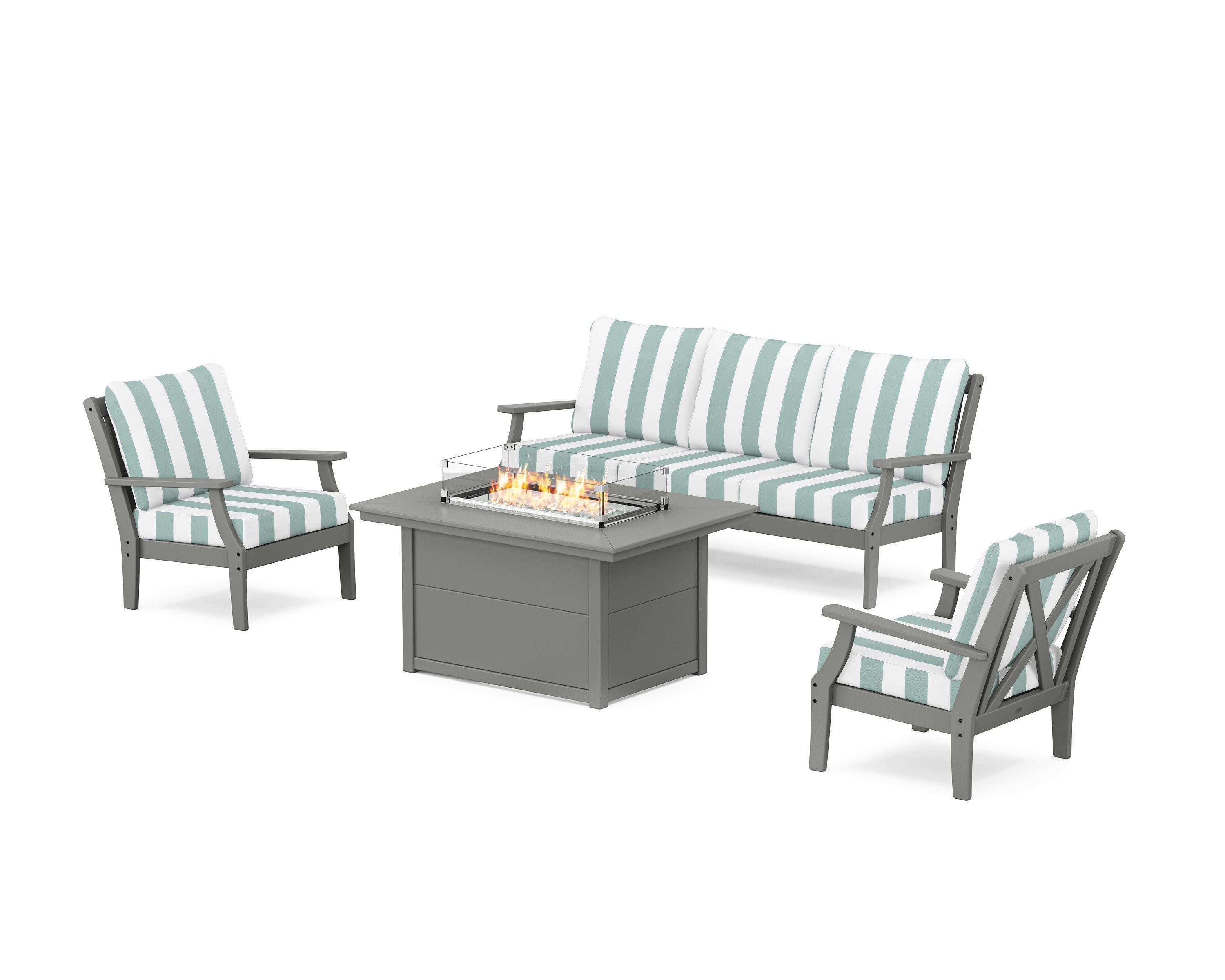 Braxton Deep Seating Fire Pit Table Set in Slate Grey / Cabana Stripe Glacier Spa