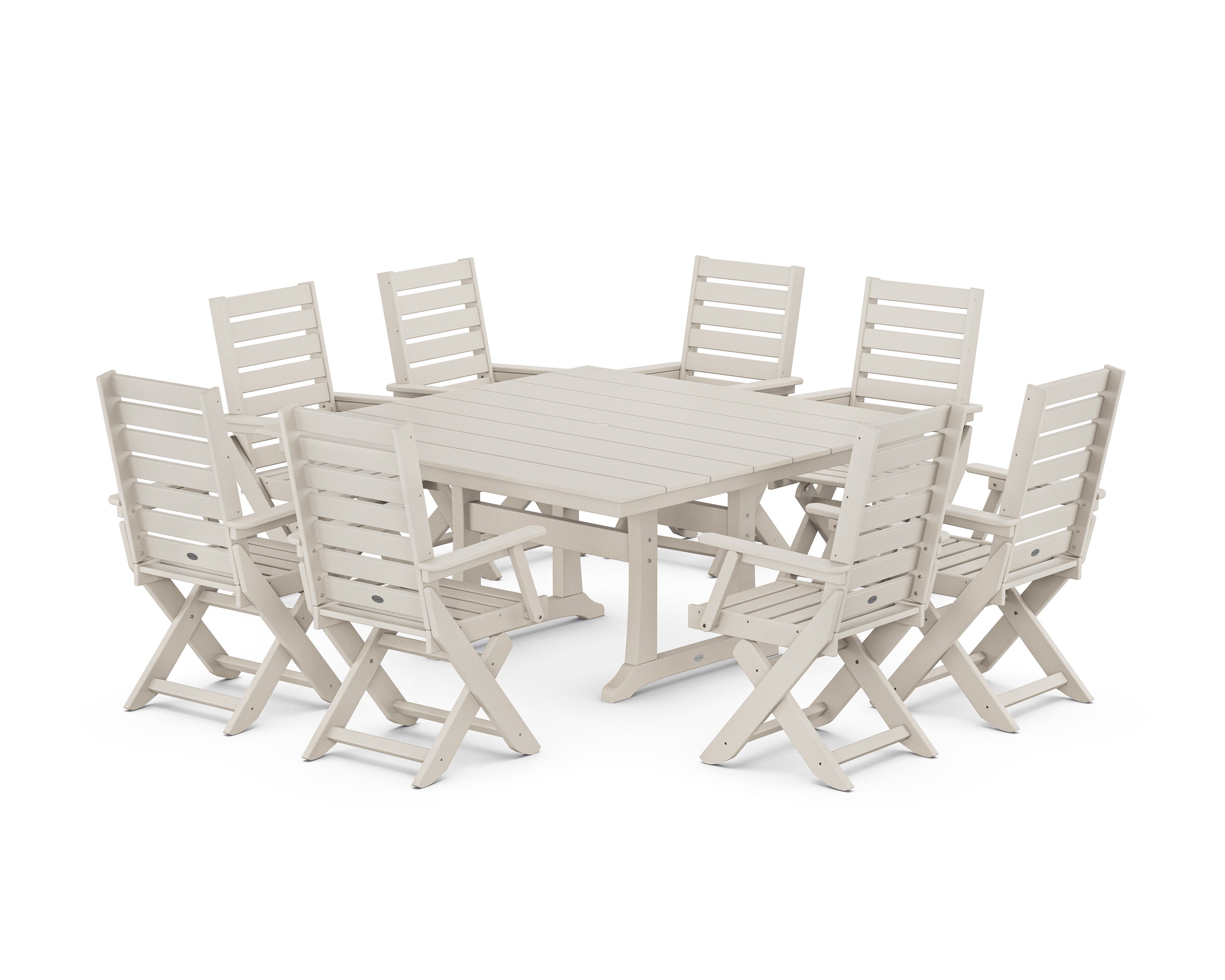 Captain Folding Chair 9-Piece Square Farmhouse Dining Set with Trestle Legs in Sand