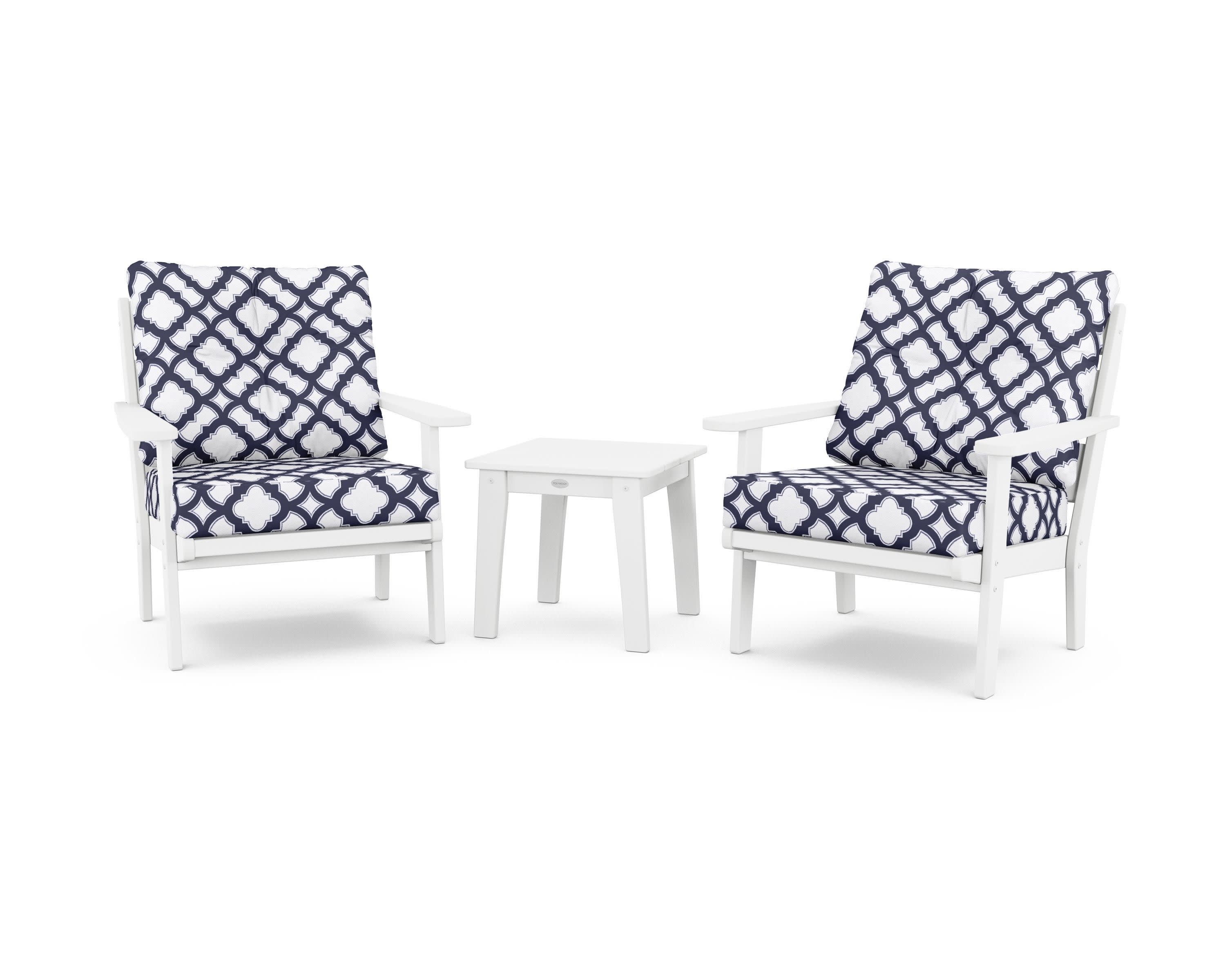 Lakeside 3-Piece Deep Seating Chair Set in White / Trellis Navy