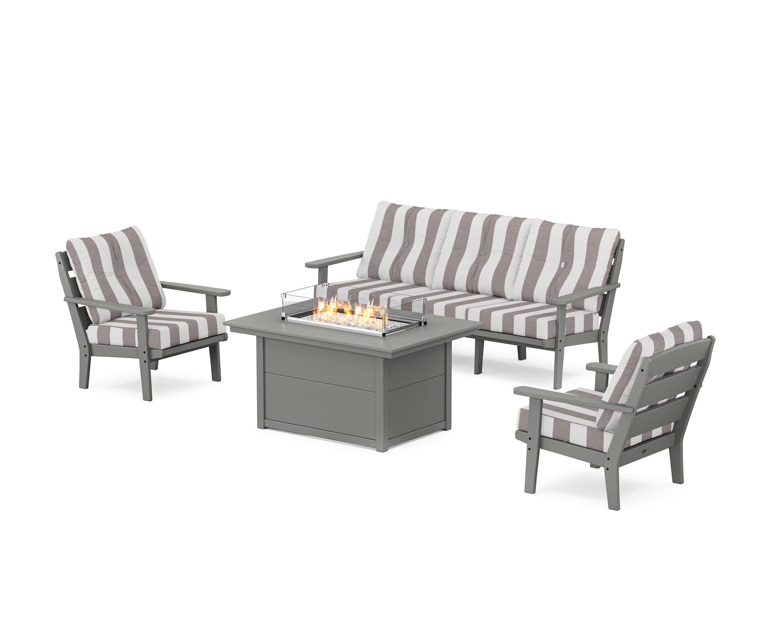 Lakeside Deep Seating Fire Pit Table Set in Slate Grey / Cabana Stripe Grey Mist