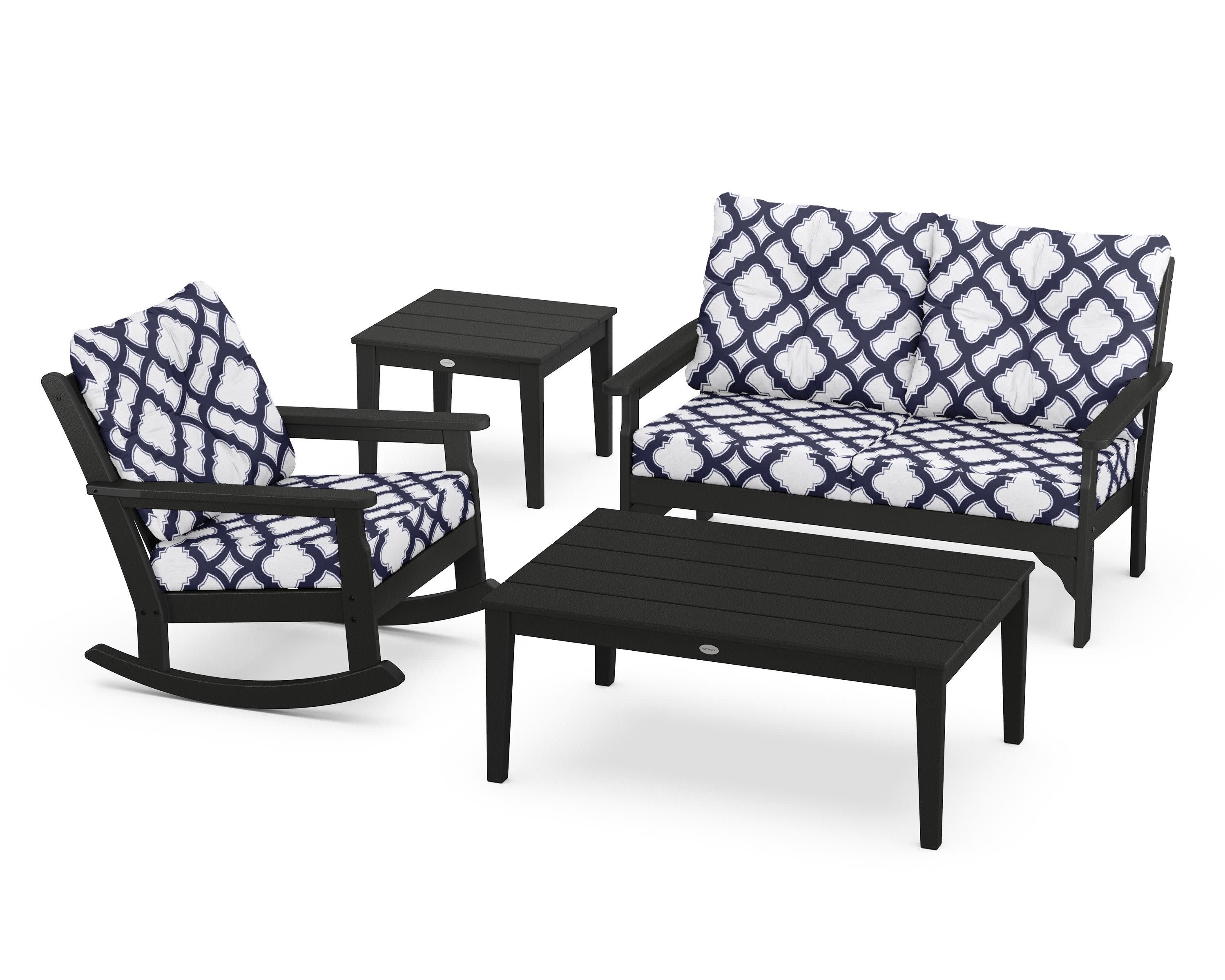 Vineyard 4-Piece Deep Seating Rocker Set in Black / Trellis Navy