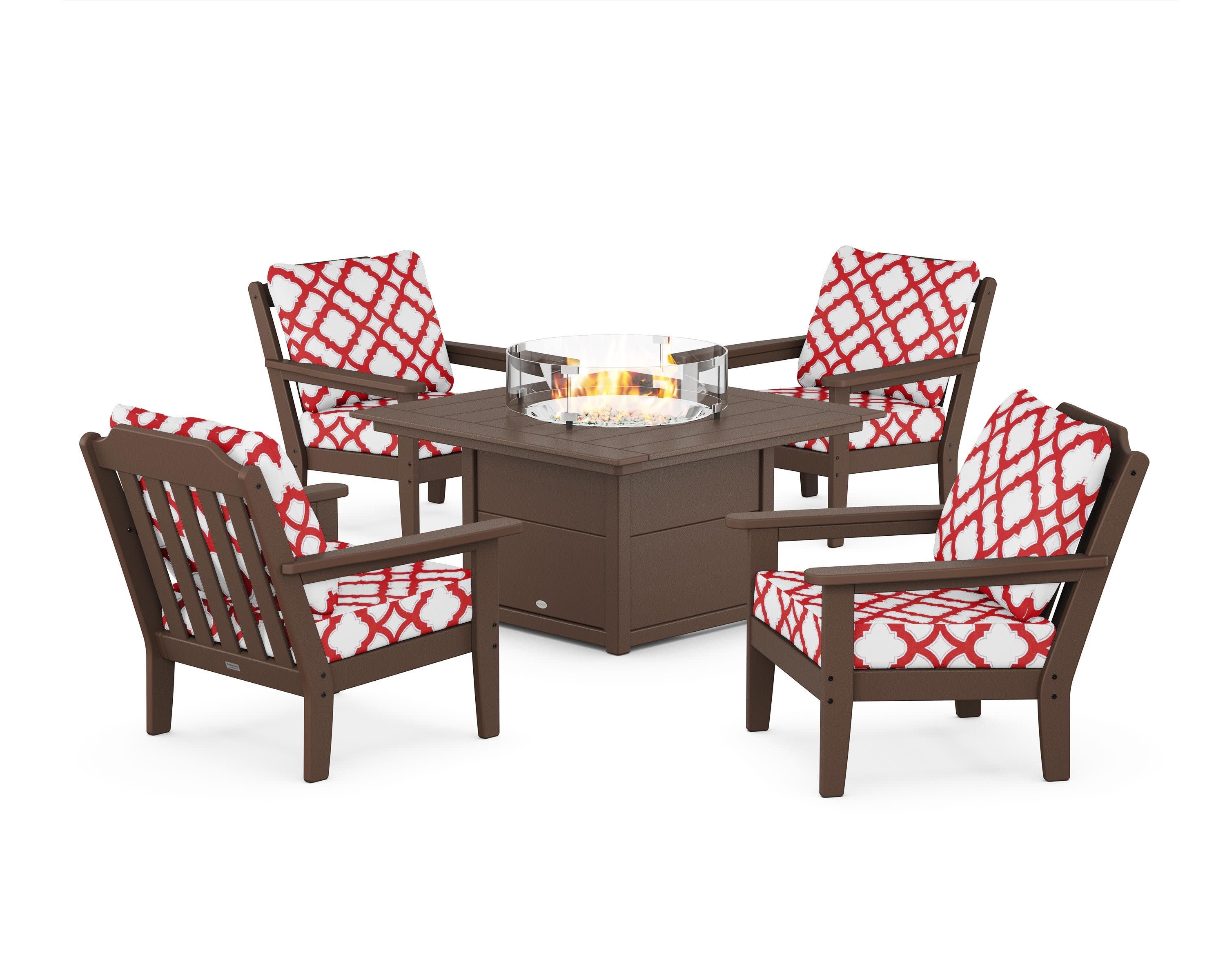 Cottage 5-Piece Deep Seating Set with Fire Pit Table in Mahogany / Trellis Crimson