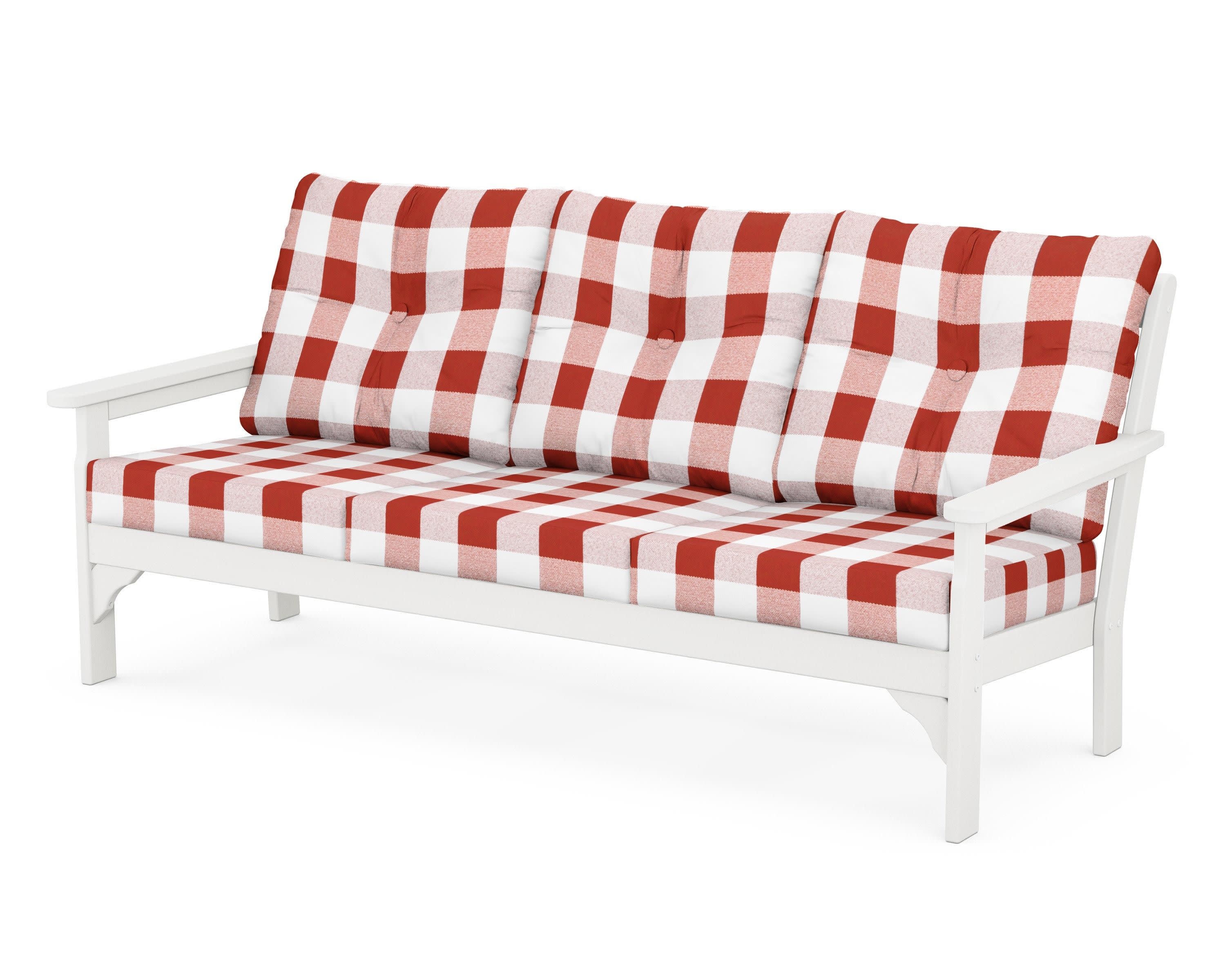 Vineyard Deep Seating Sofa in White / Buffalo Plaid Crimson