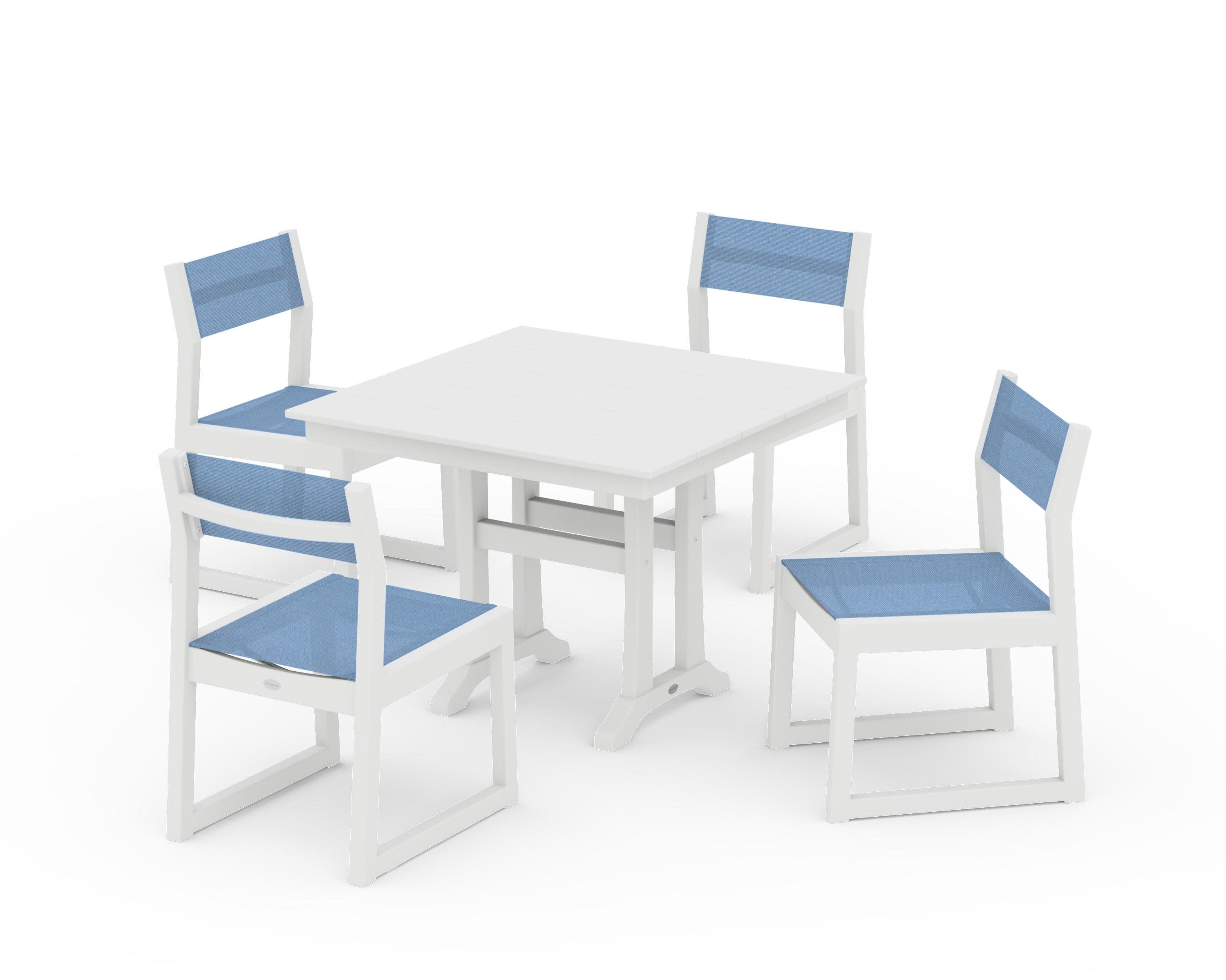 EDGE Sling 5-Piece Farmhouse Trestle Side Chair Dining Set in White / Poolside Sling