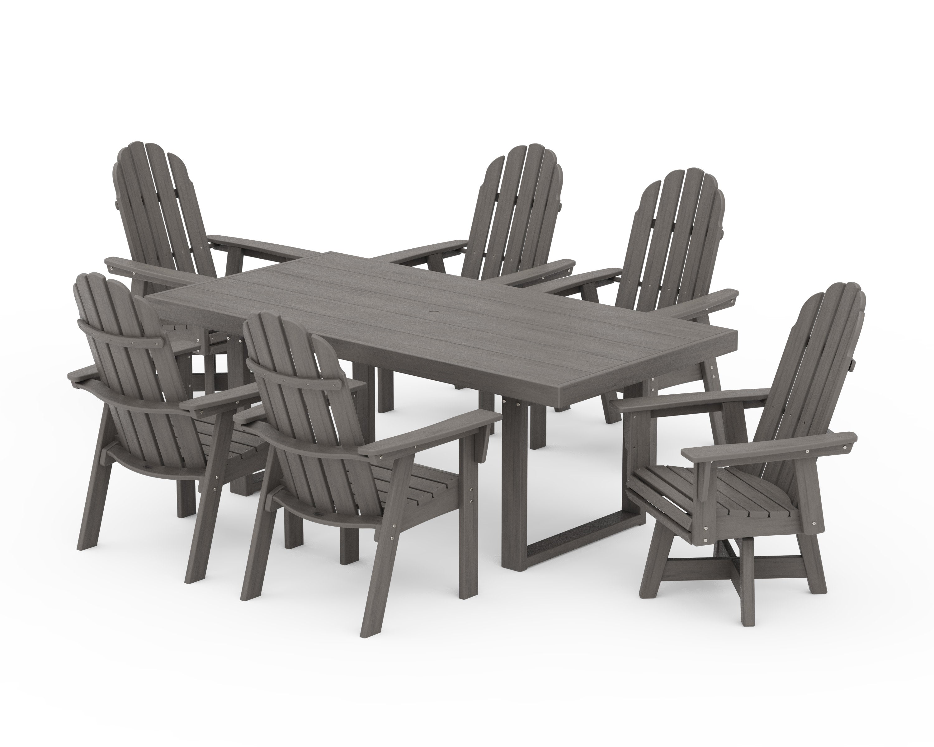 Vineyard Curveback Adirondack Swivel Chair 7-Piece Dining Set in Driftwood