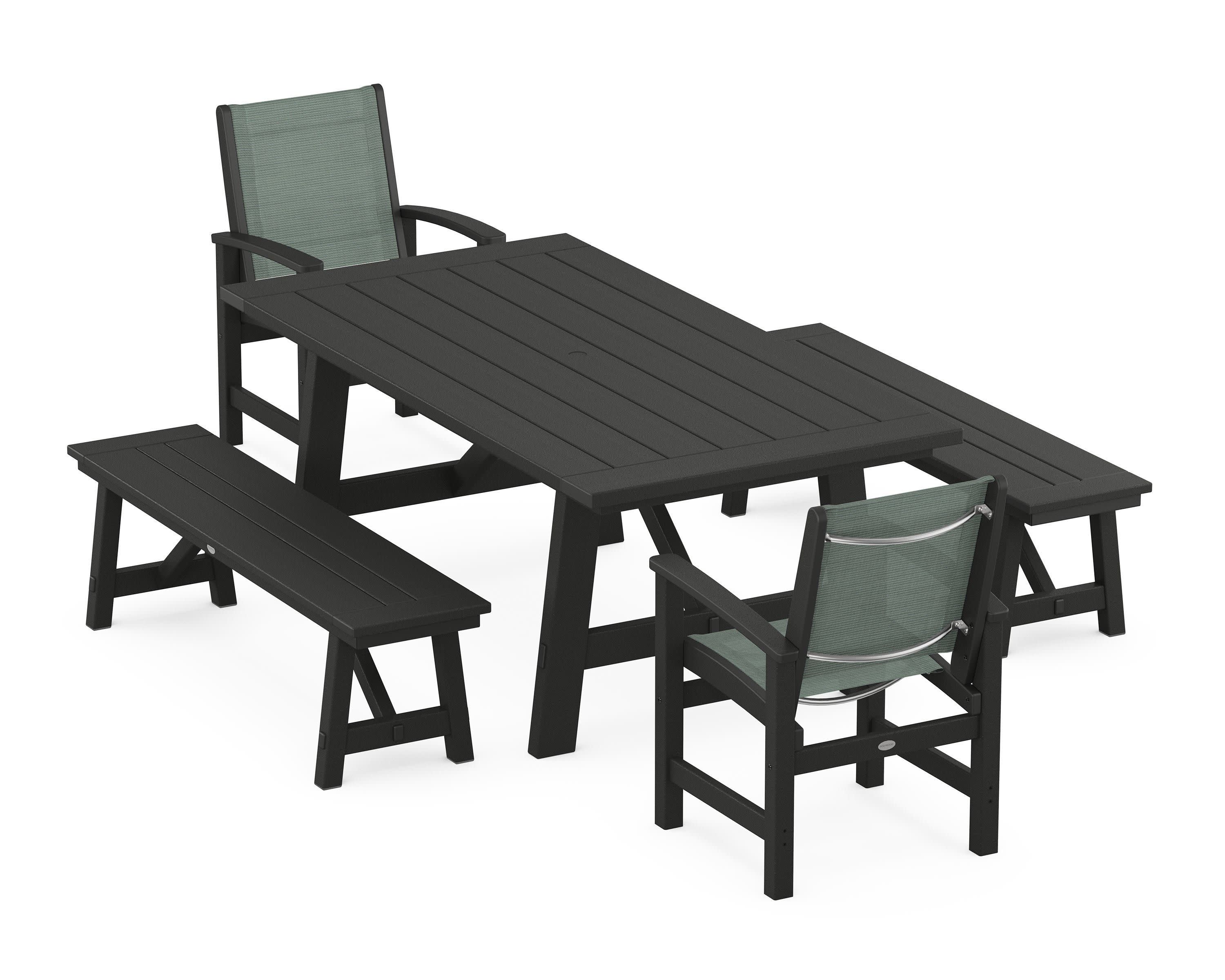 Coastal 5-Piece Rustic Farmhouse Dining Set With Benches in Black / Dupioni Sea Mist Sling