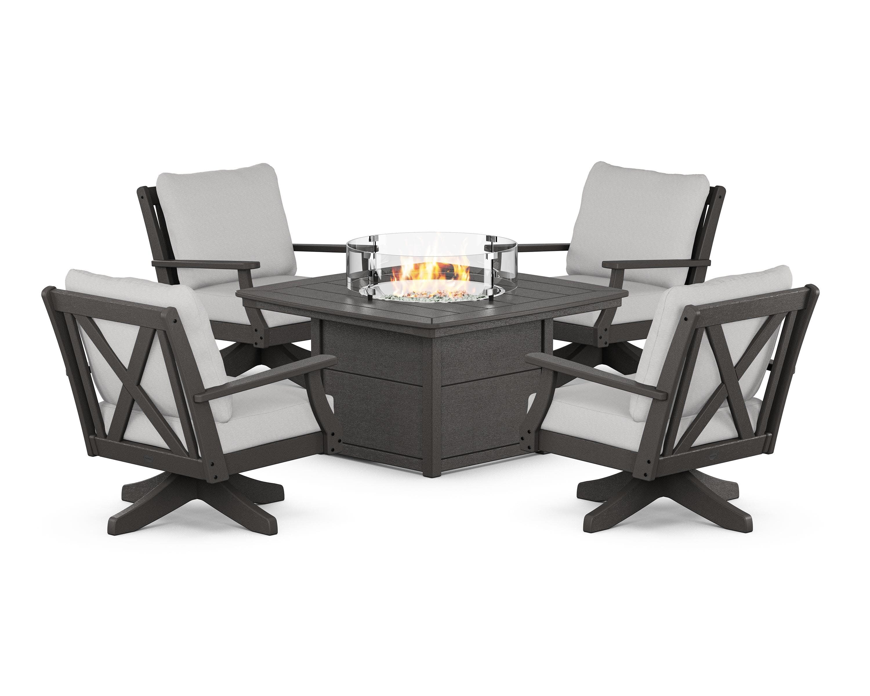 Braxton 5-Piece Deep Seating Swivel Conversation Set with Fire Pit Table in Vintage Coffee / Diamond in the Rough