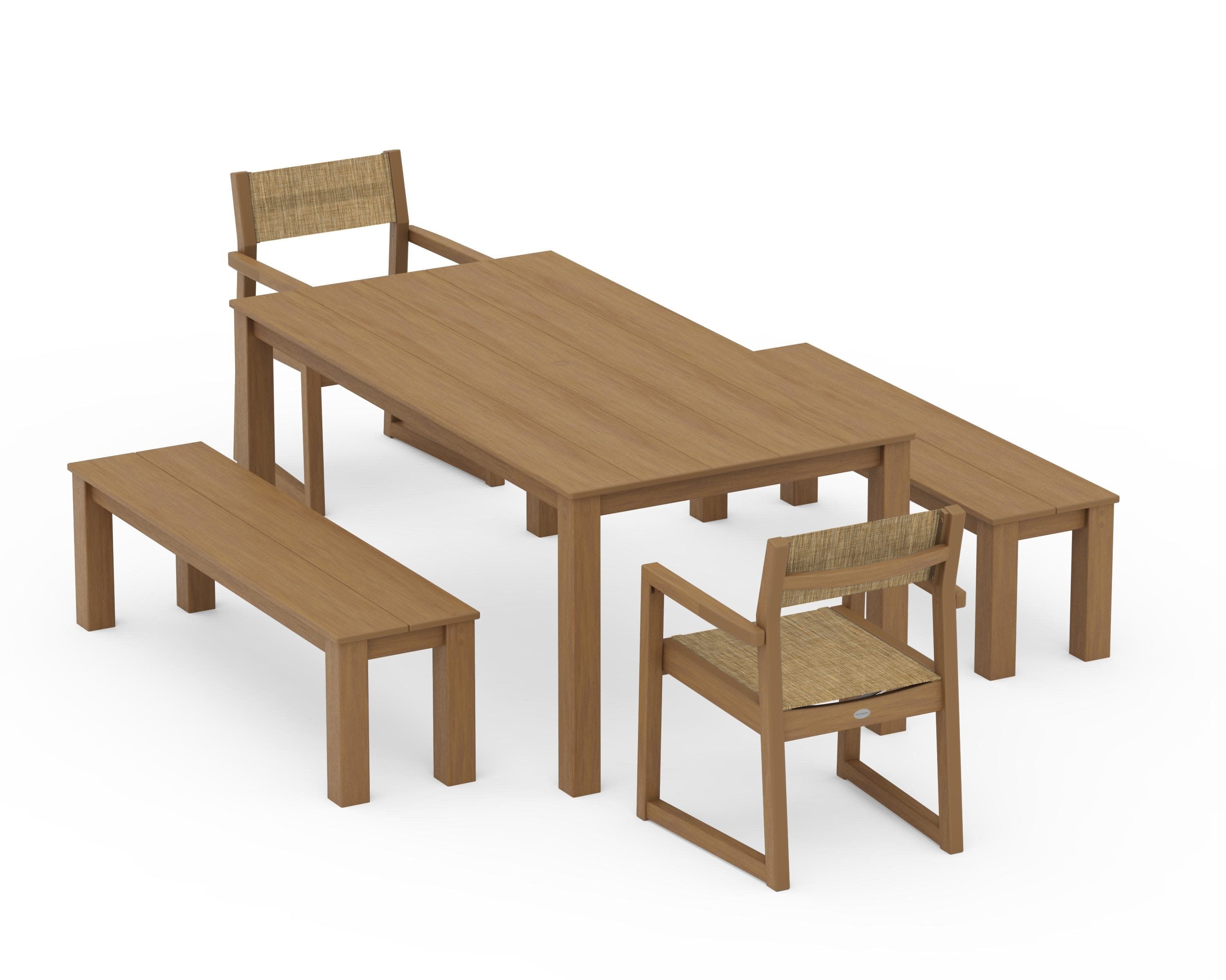 EDGE Sling Arm Chair 5-Piece Parsons Dining Set with Benches in Natural / Burlap Sling