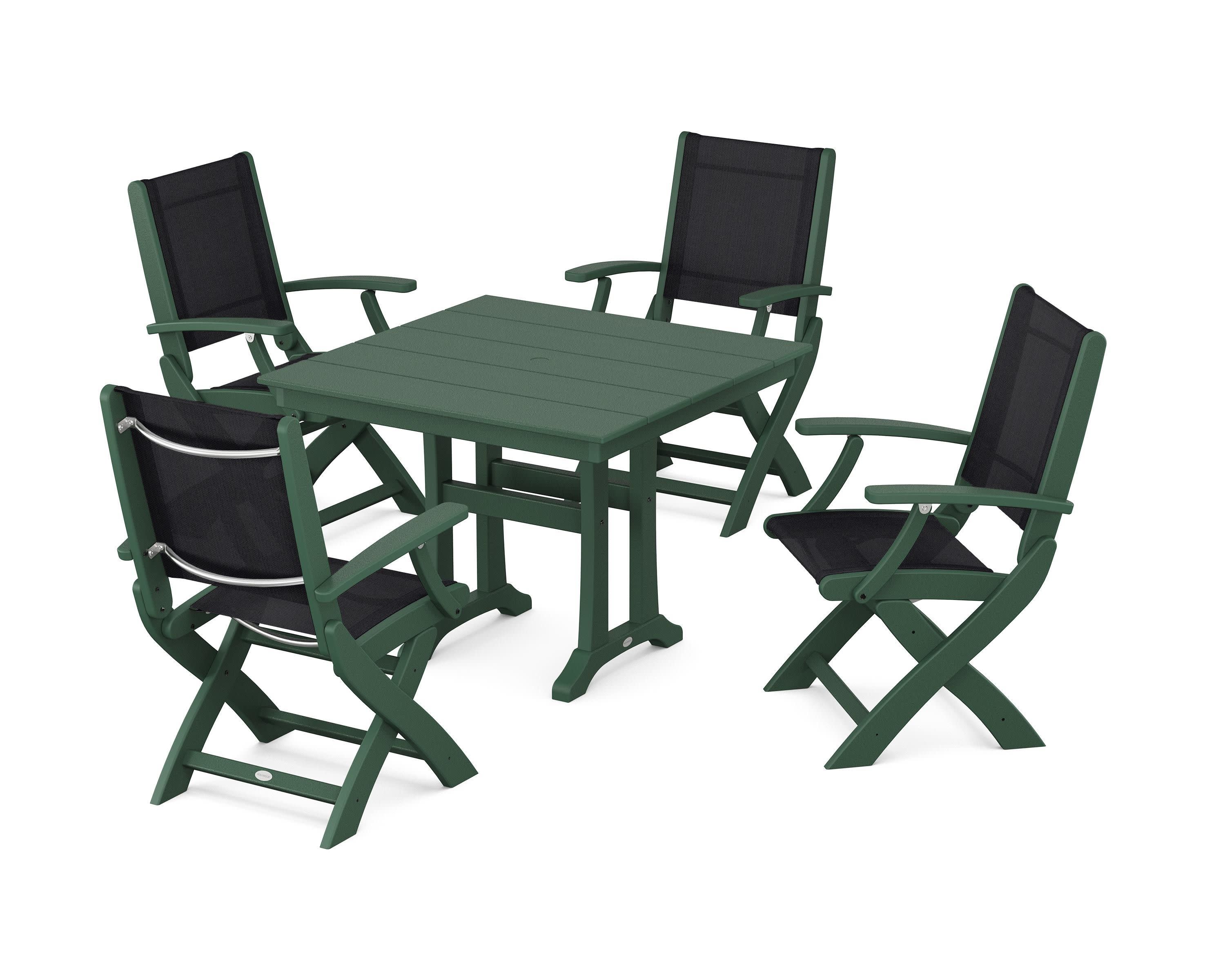 Coastal Folding Chair 5-Piece Farmhouse Dining Set With Trestle Legs in Green / Black Sling