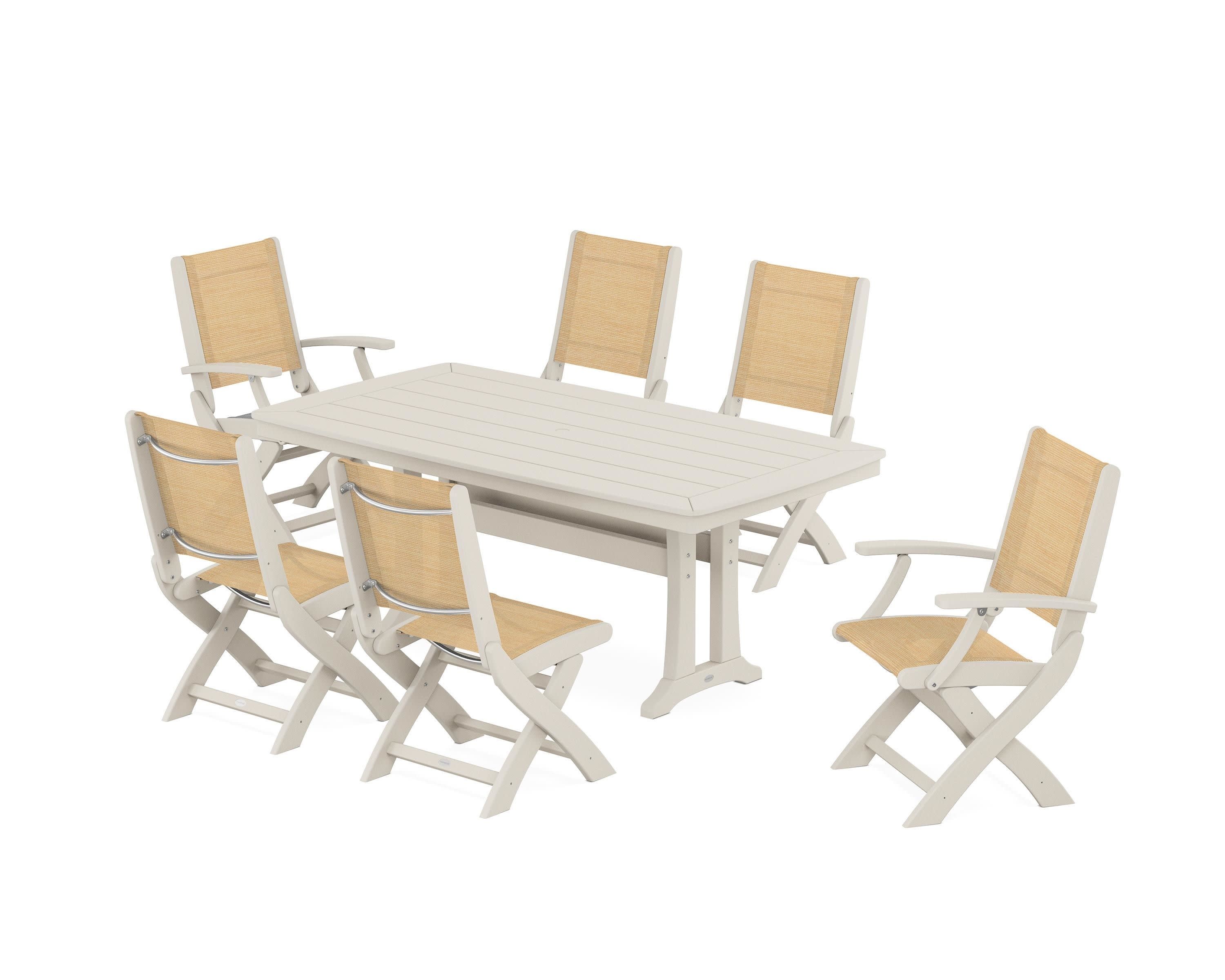 Coastal Folding Chair 7-Piece Dining Set with Trestle Legs in Sand / Dupioni Apricot Sling