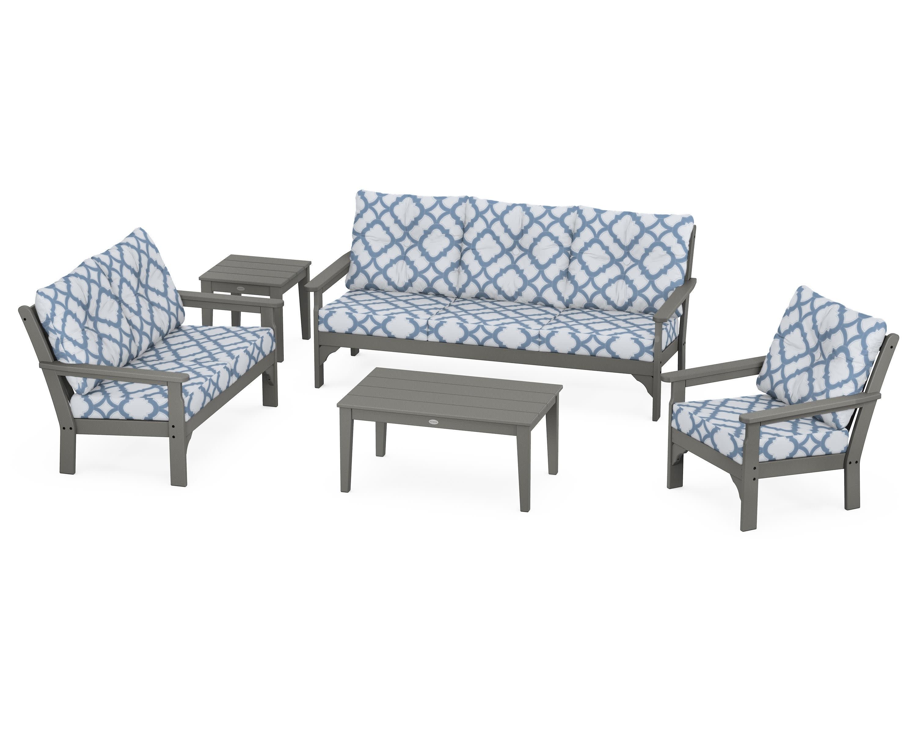 Vineyard 5 Piece Deep Seating Set in Slate Grey / Trellis Sky Blue