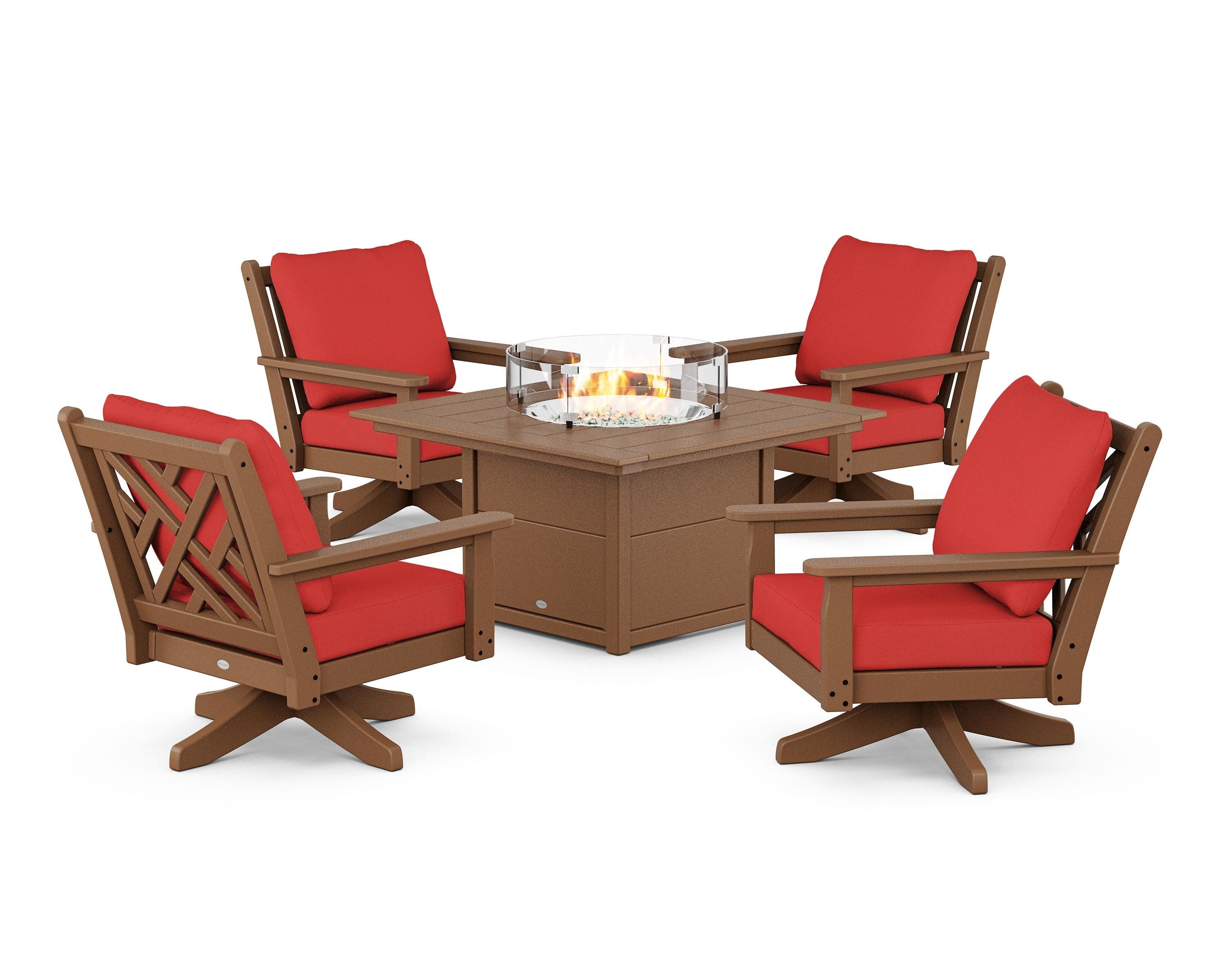 Chippendale 5-Piece Deep Seating Swivel Conversation Set with Fire Pit Table in Teak / Crimson Linen