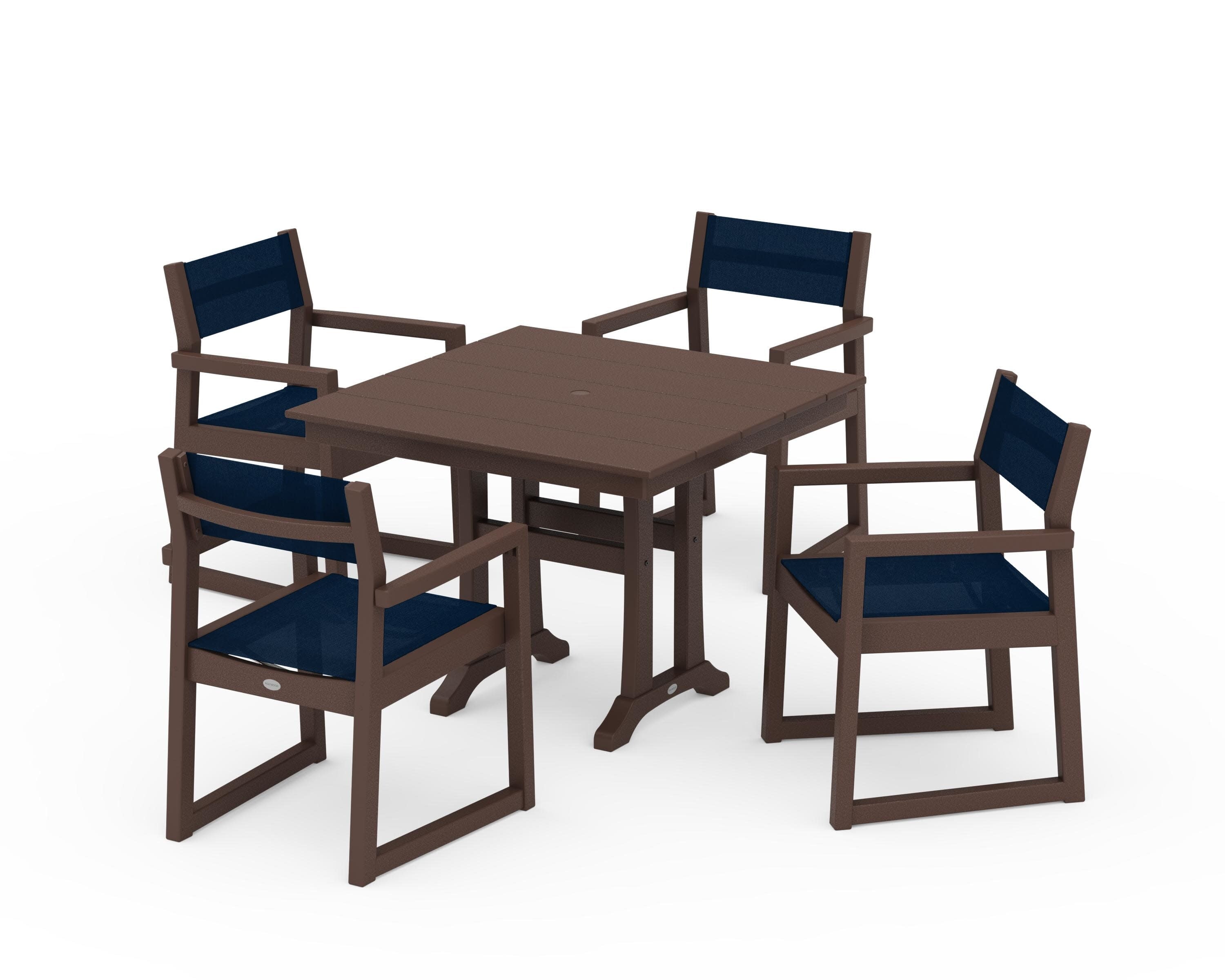 EDGE Sling 5-Piece Farmhouse Dining Set with Trestle Legs in Mahogany / Navy Blue Sling