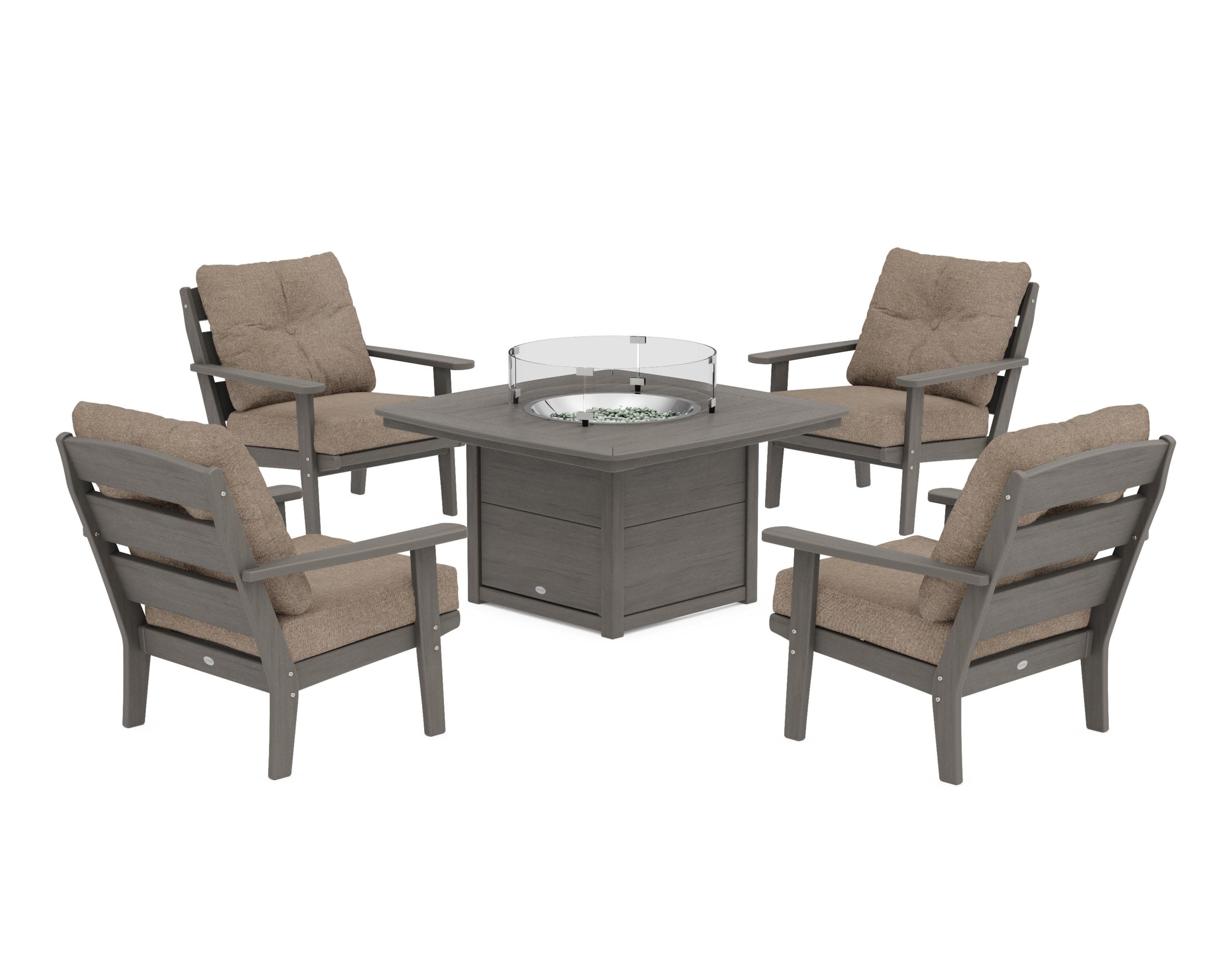 Lakeside 5-Piece Deep Seating Set with Nautical Fire Pit Table in Driftwood / Spiced Burlap