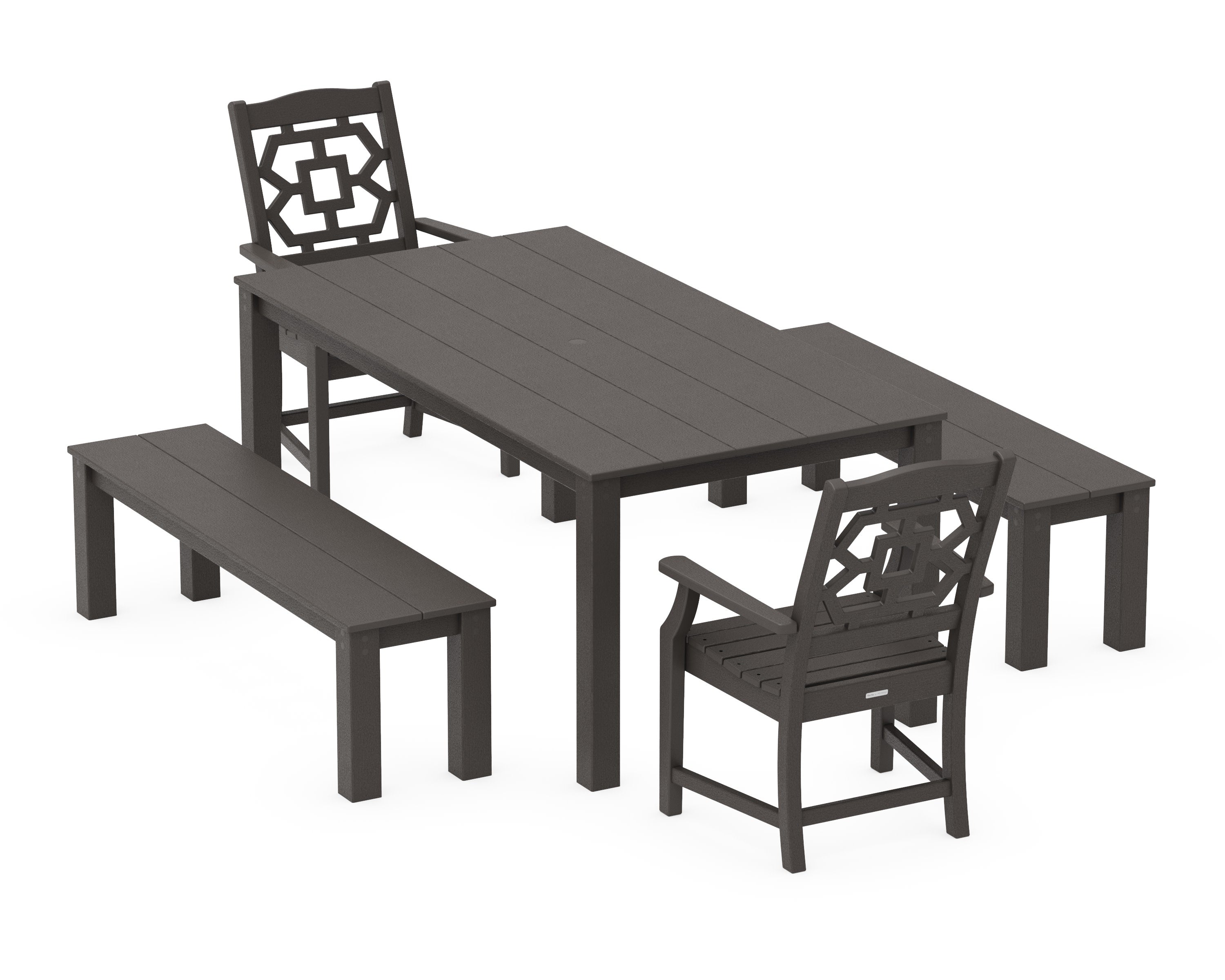 Chinoiserie 5-Piece Parsons Dining Set with Benches in Vintage Coffee
