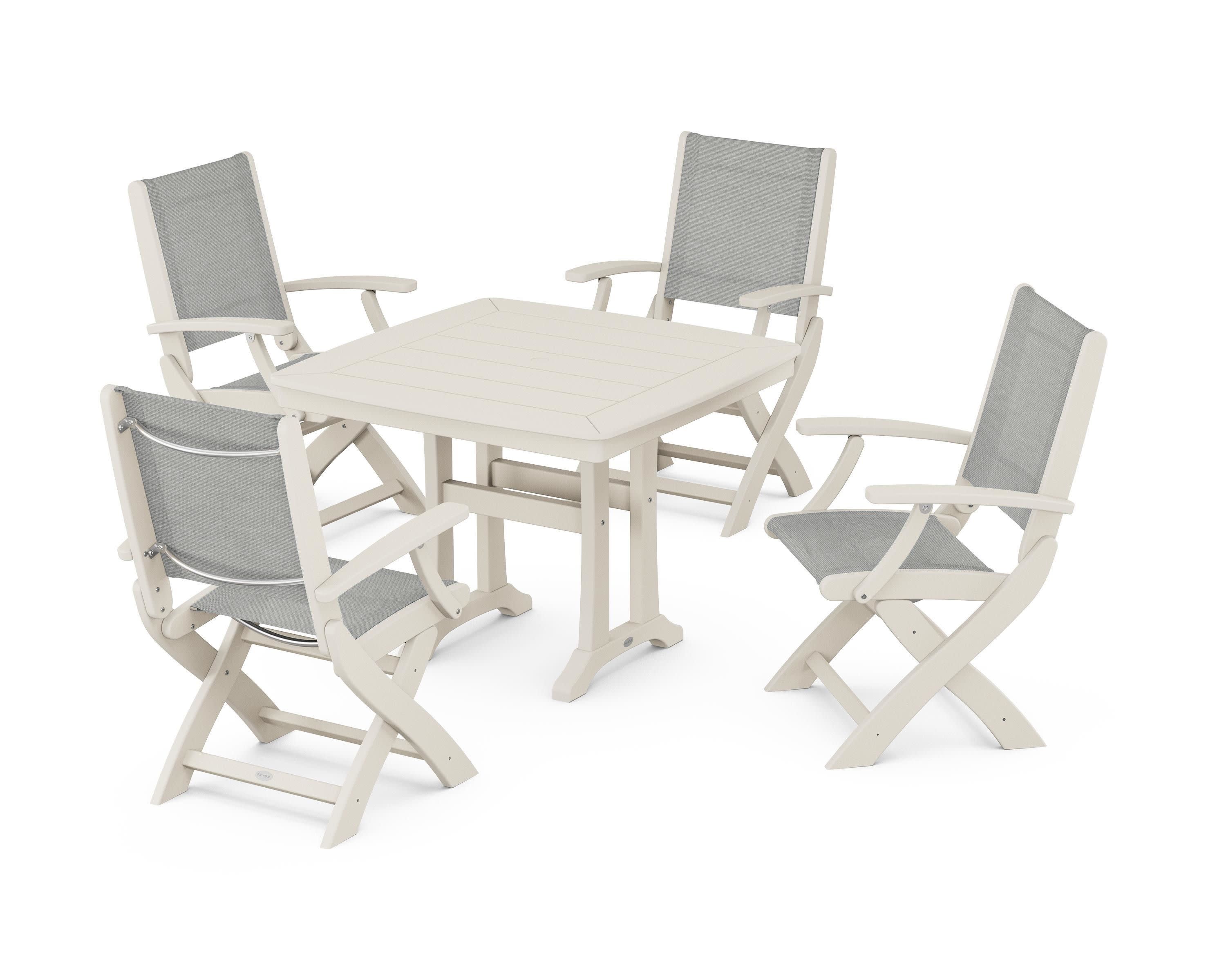 Coastal Folding Chair 5-Piece Dining Set with Trestle Legs in Sand / Metallic Sling