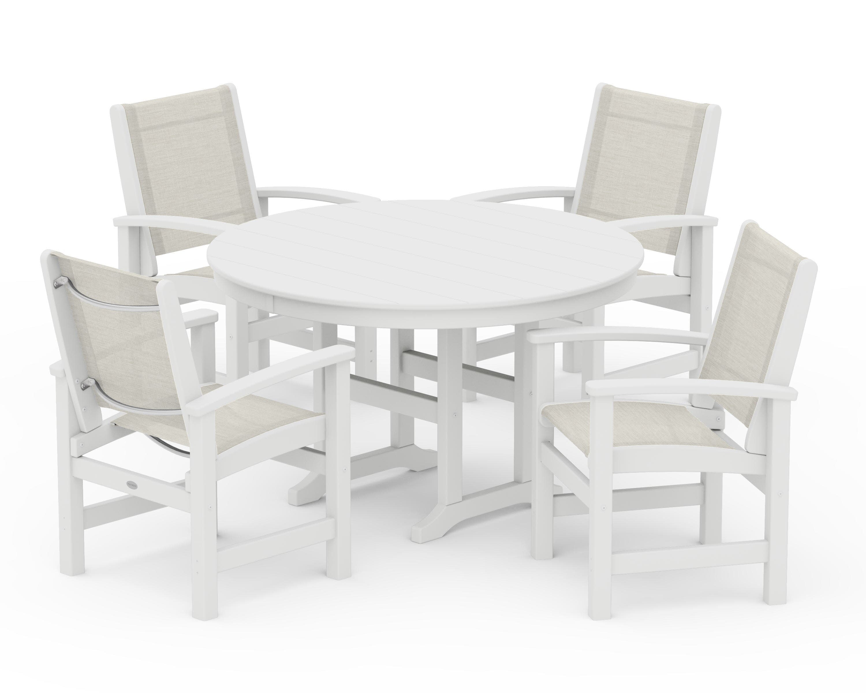 Coastal 5-Piece Round Farmhouse Dining Set in White / Parchment Sling
