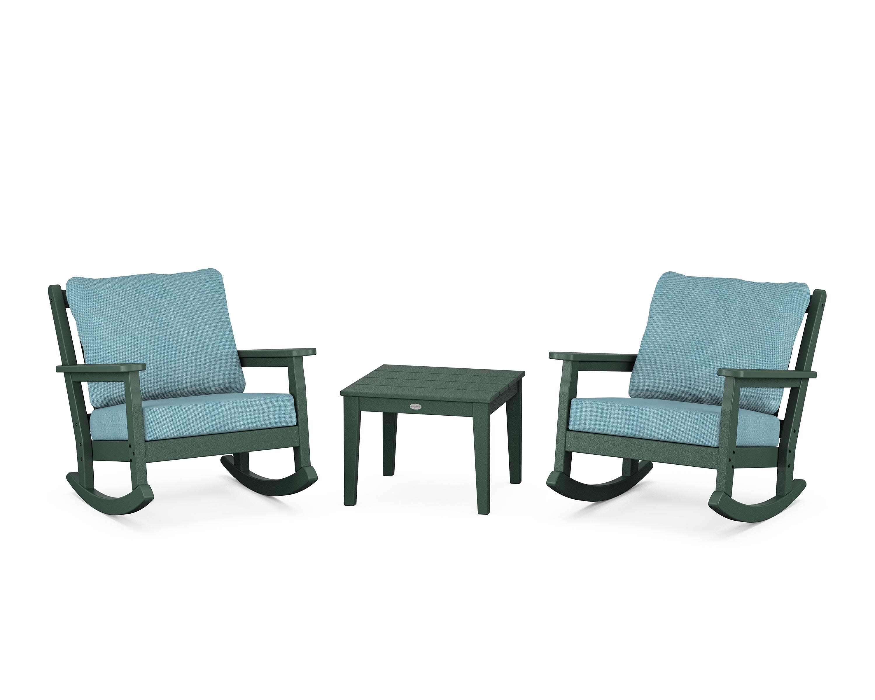 Chippendale 3-Piece Deep Seating Rocker Set in Green / Lattice Sky Blue