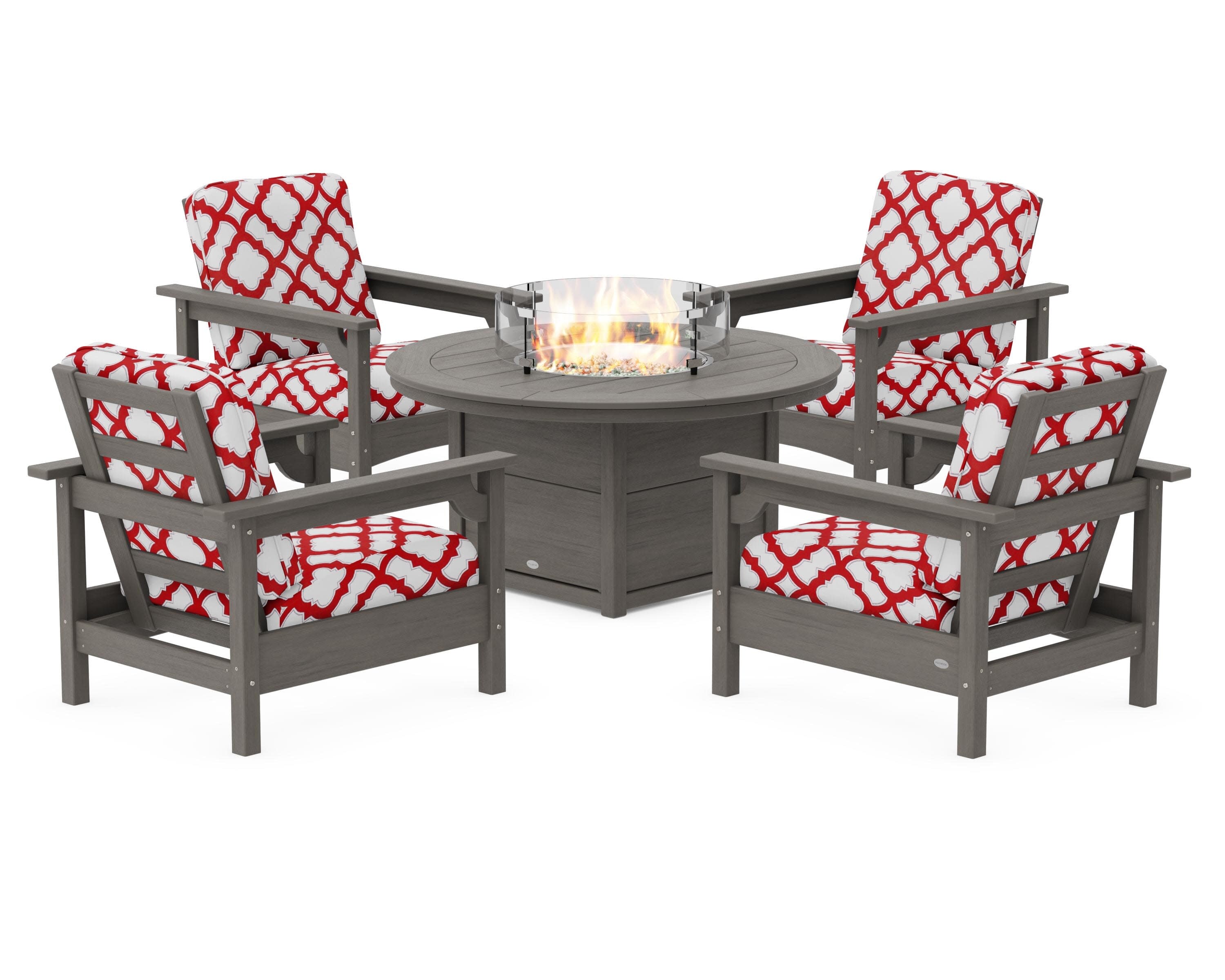 Club 5-Piece Conversation Set with Fire Pit Table in Driftwood / Trellis Crimson