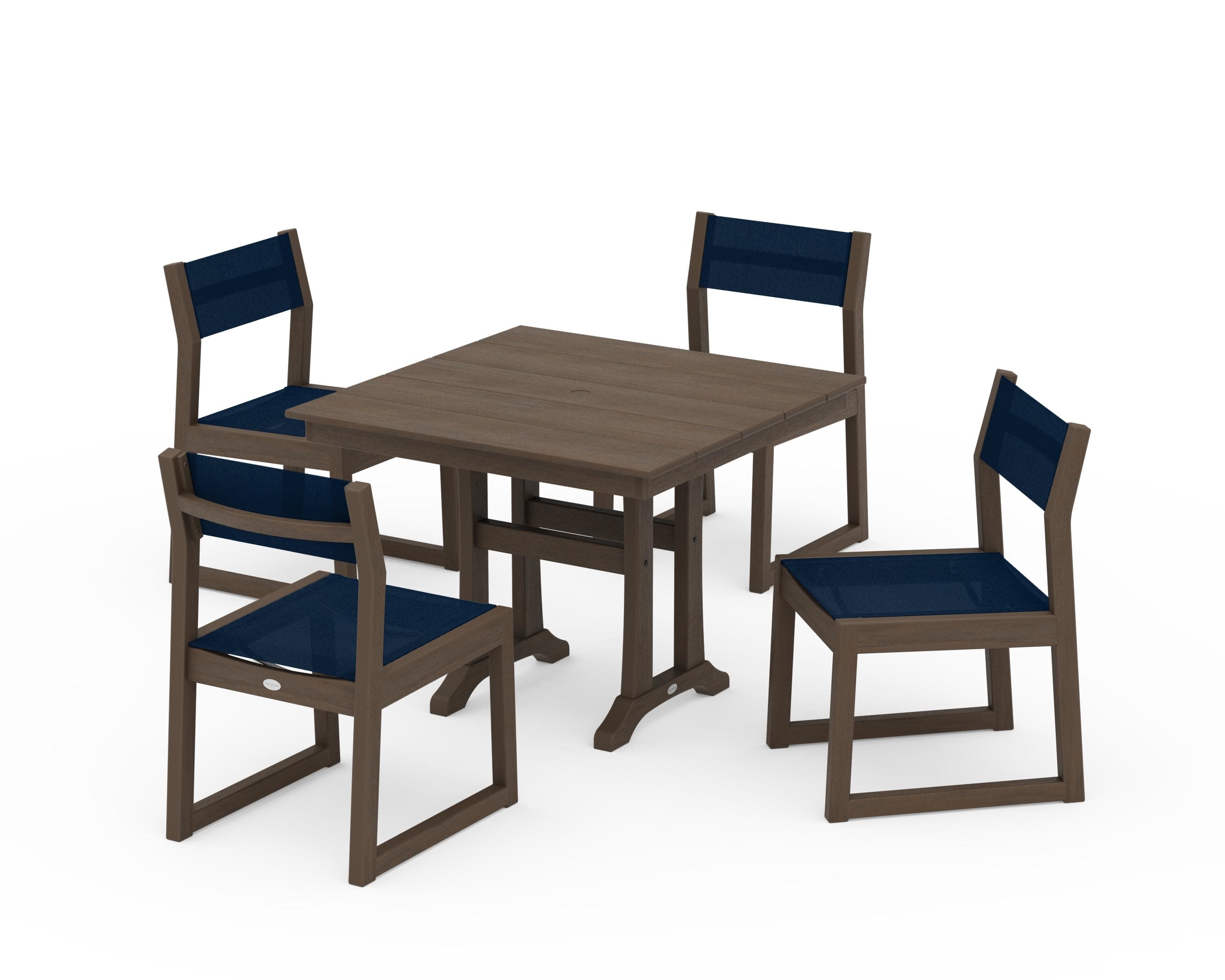 EDGE Sling 5-Piece Farmhouse Trestle Side Chair Dining Set in Kona / Navy Blue Sling