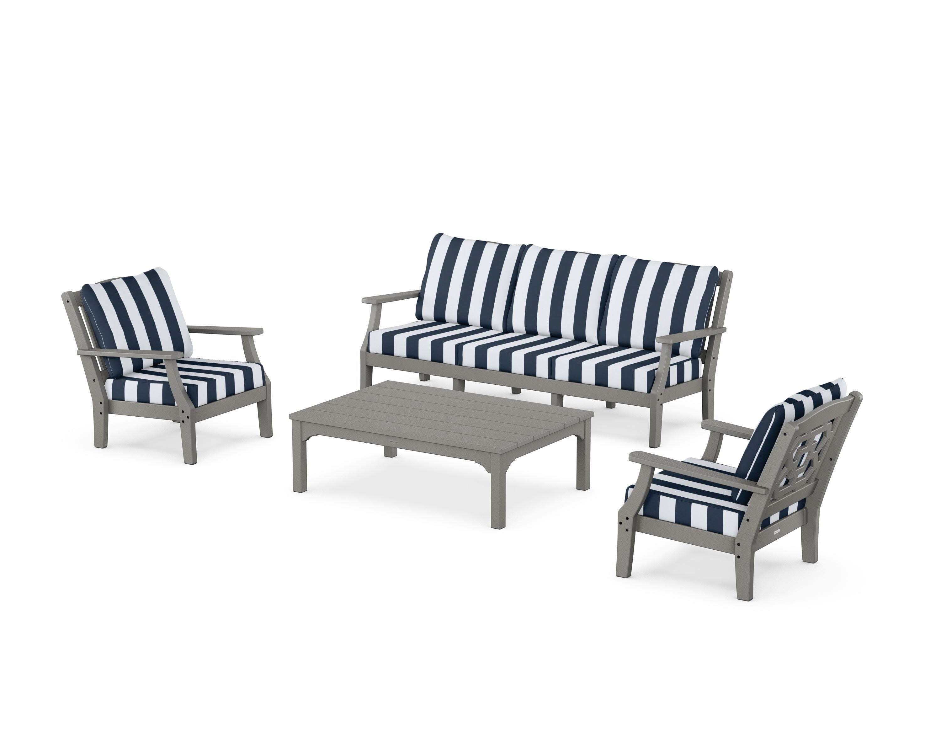 Chinoiserie 4-Piece Deep Seating Set with Sofa in Slate Grey / Cabana Stripe Marine Indigo