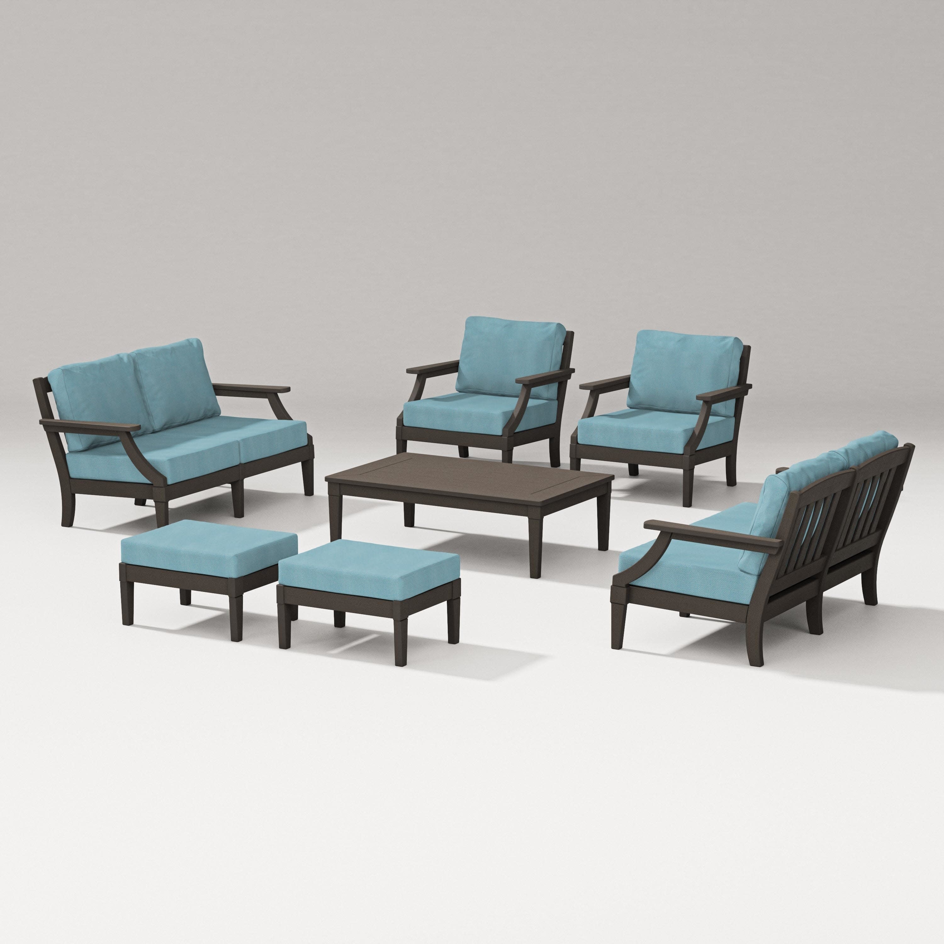 Estate 7-Piece Lounge Loveseat Set in Vintage Coffee / Lattice Sky Blue