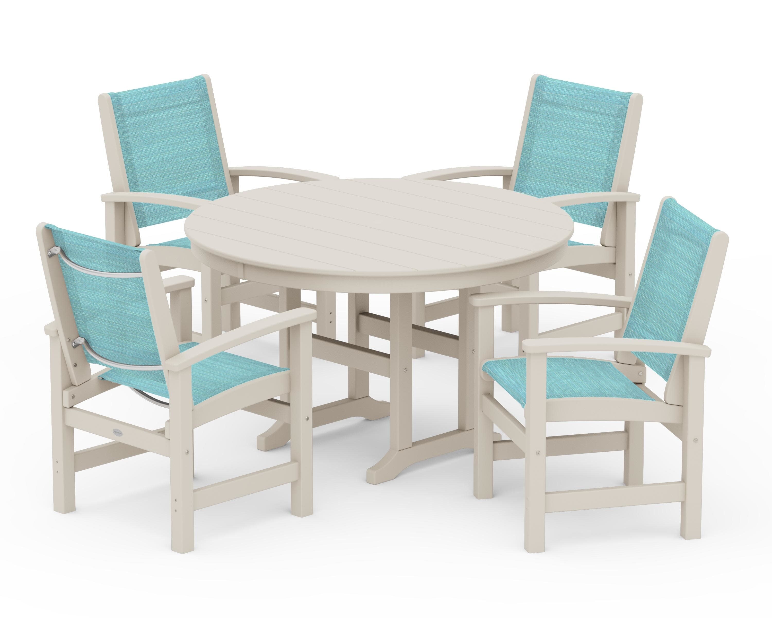Coastal 5-Piece Round Farmhouse Dining Set in Sand / Dupioni Aquamarine Sling