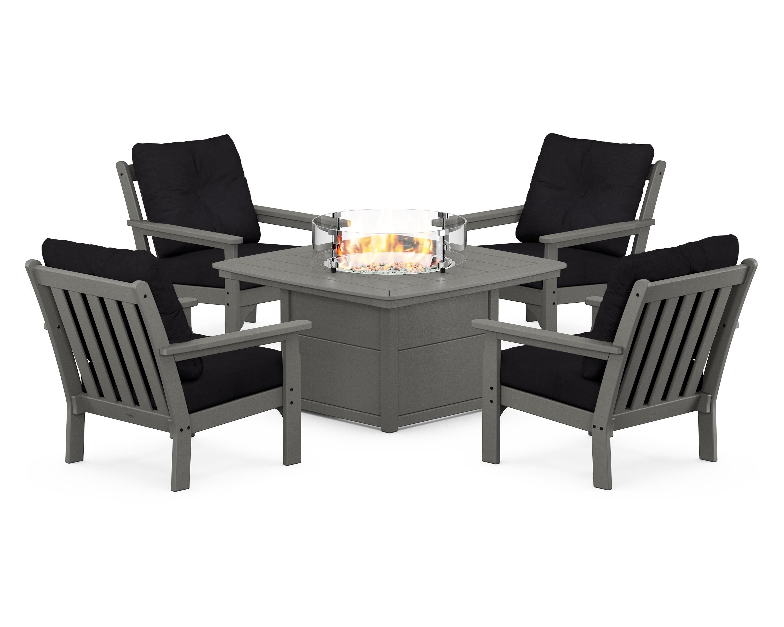 Vineyard 5-Piece Conversation Set with Fire Pit Table in Slate Grey / Midnight Linen