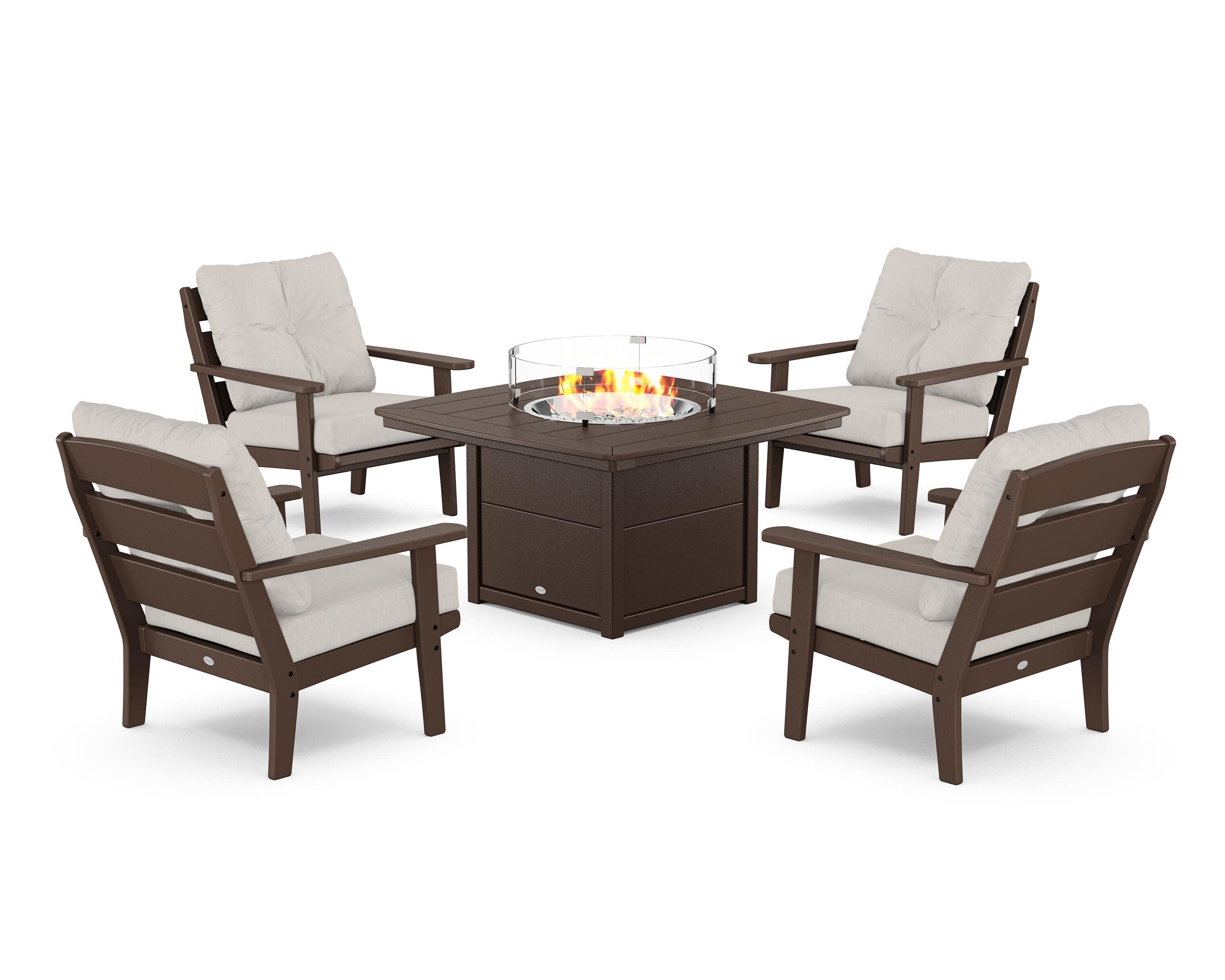 Lakeside 5-Piece Deep Seating Set with Nautical Fire Pit Table in Mahogany / Cast Ash