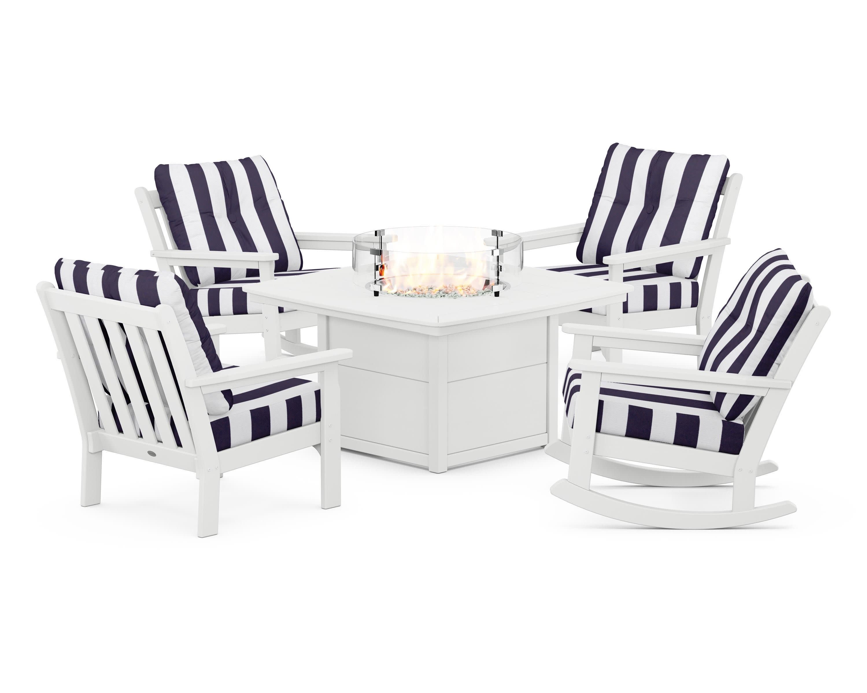 Vineyard 5-Piece Deep Seating Rocking Chair Conversation Set with Fire Pit Table in White / Cabana Stripe Navy