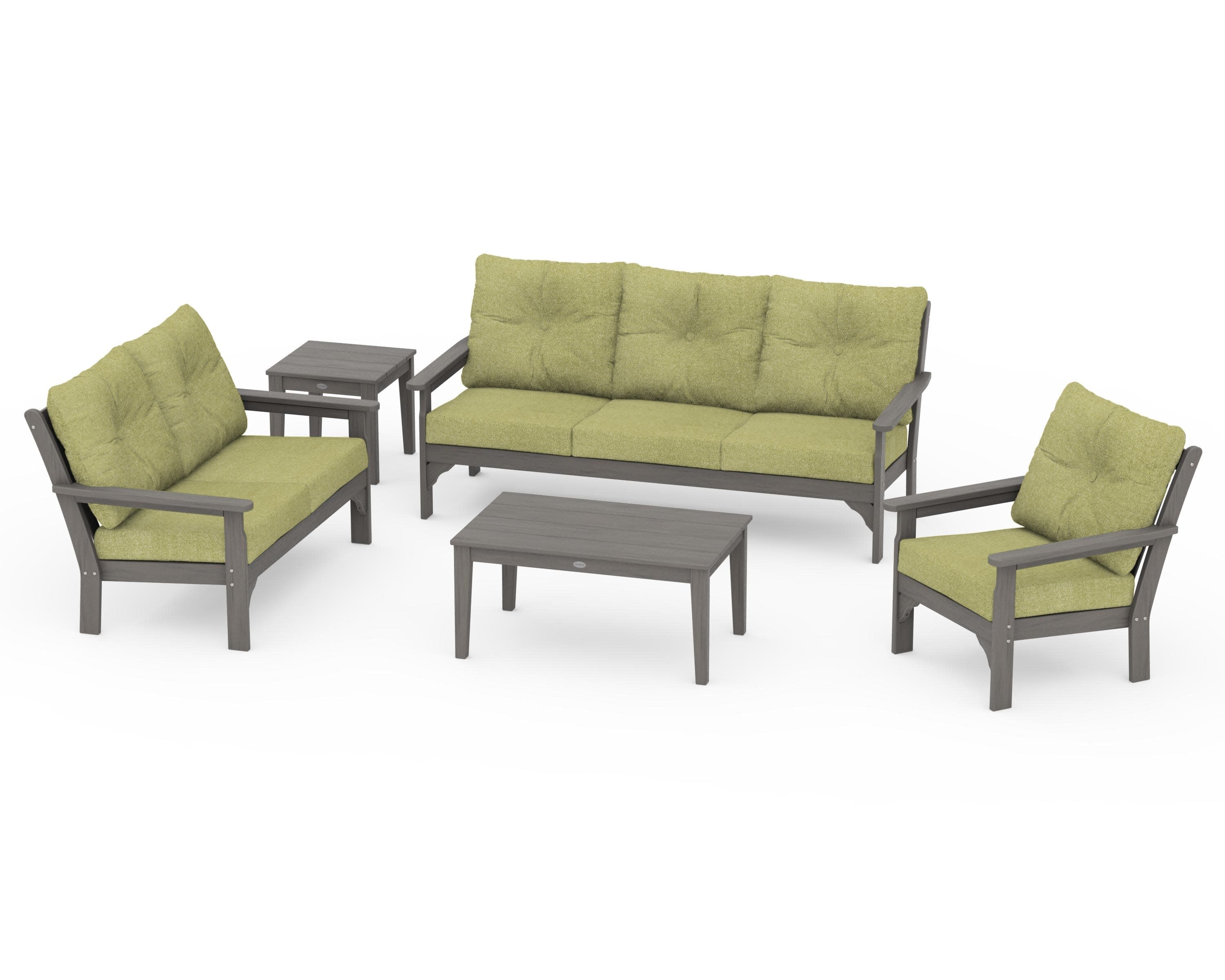 Vineyard 5 Piece Deep Seating Set in Driftwood / Chartreuse Boucle