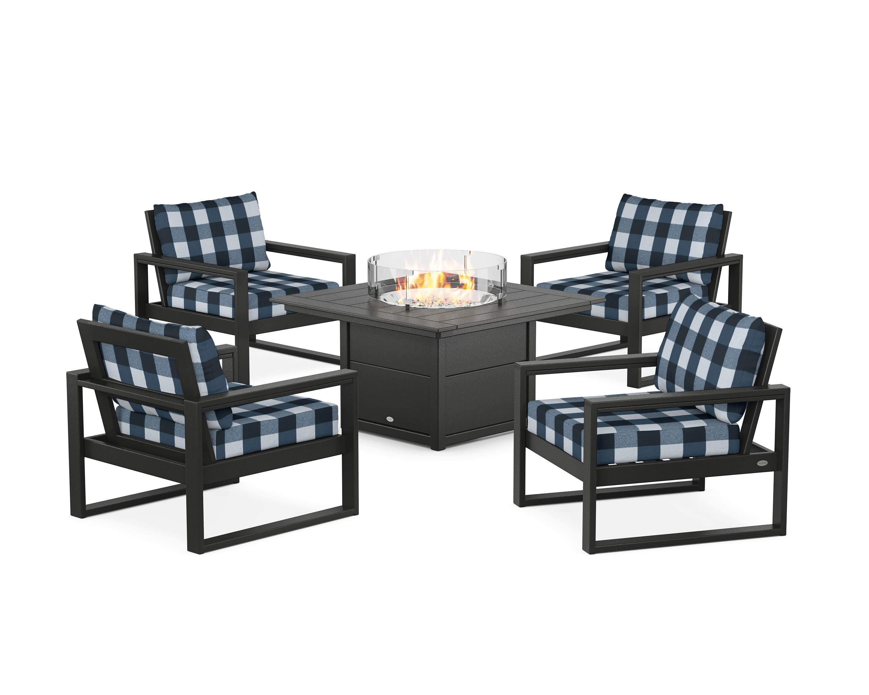 EDGE Sectional 5-Piece Deep Seating Set with Fire Pit Table in Black / Buffalo Plaid Marine Indigo
