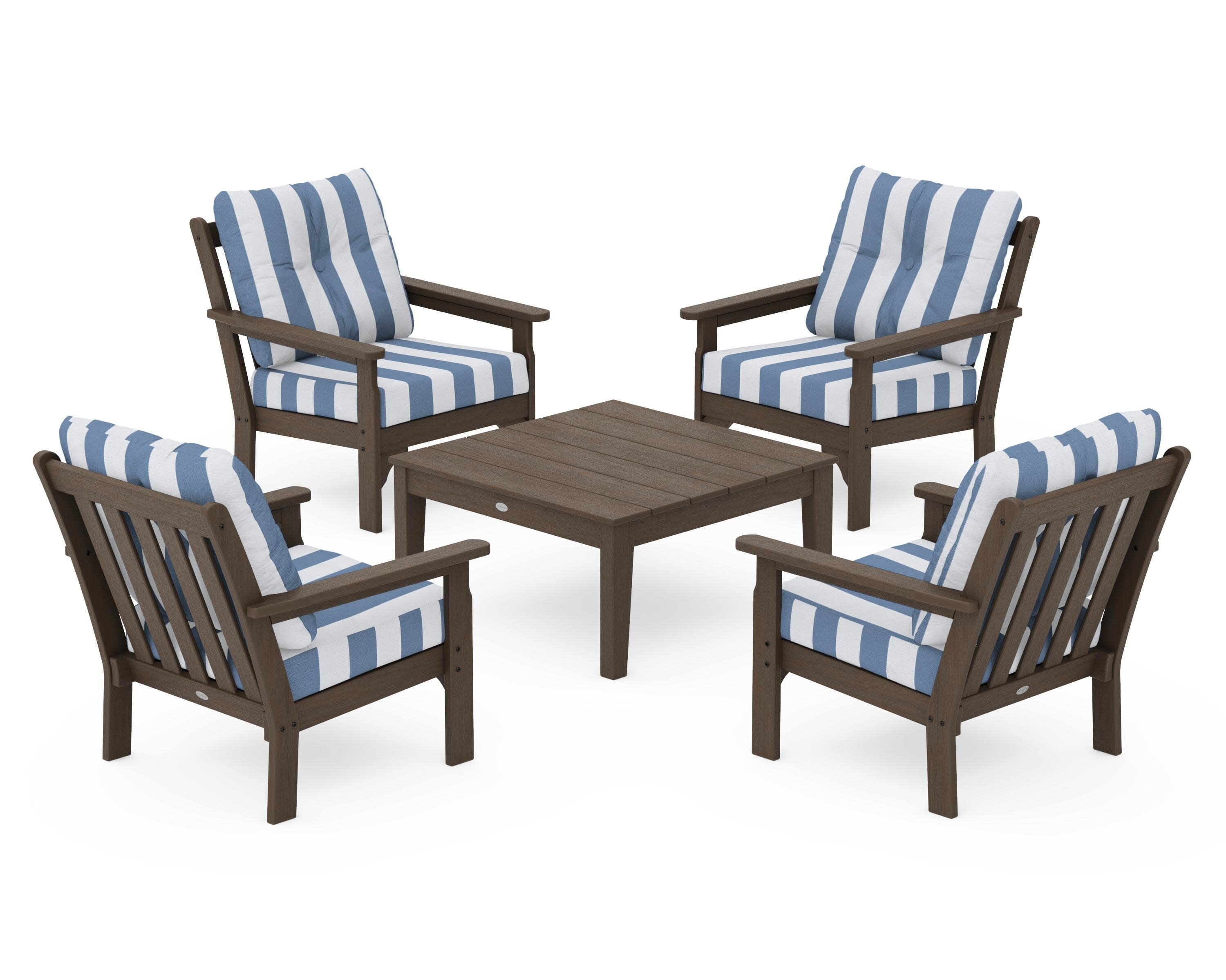 Vineyard 5-Piece Deep Seating Conversation Set in Kona / Cabana Stripe Sky Blue
