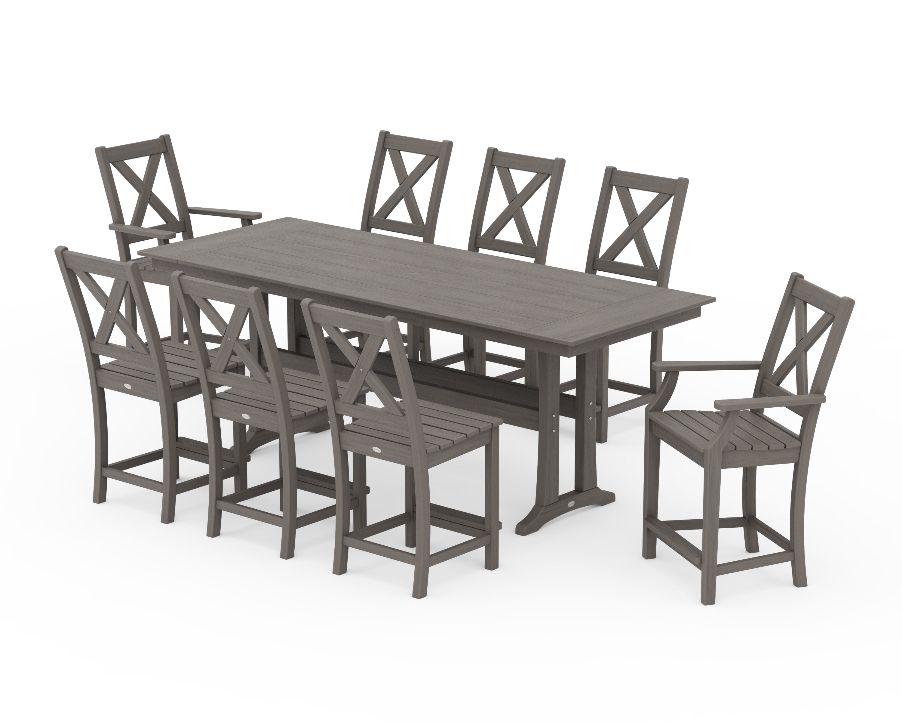 Braxton 9-Piece Farmhouse Counter Set with Trestle Legs in Driftwood