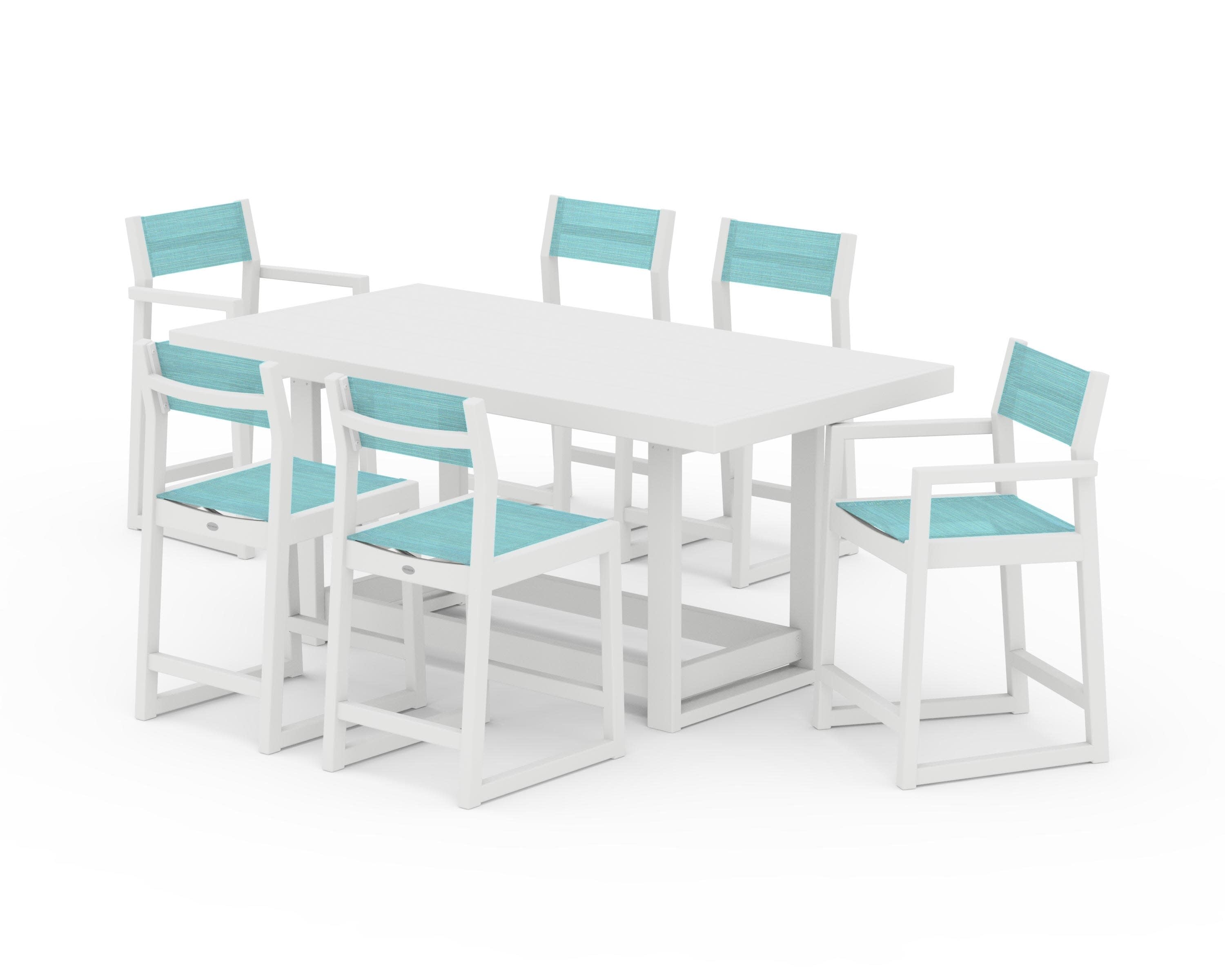EDGE Sling 7-Piece Counter Table Set in White / Dupioni Aquamarine Sling