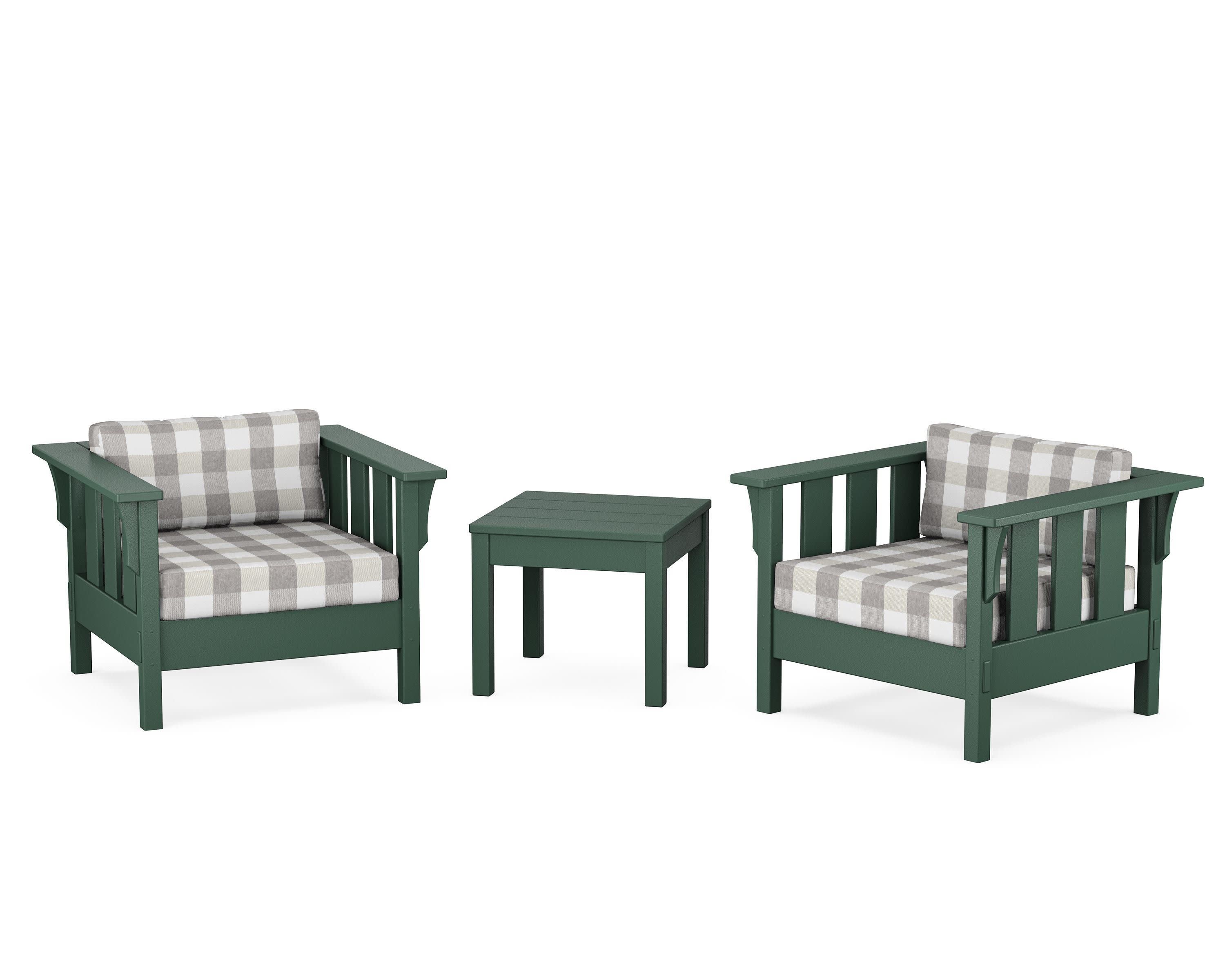 Acadia 3-Piece Deep Seating Set in Green / Buffalo Plaid Grey Mist