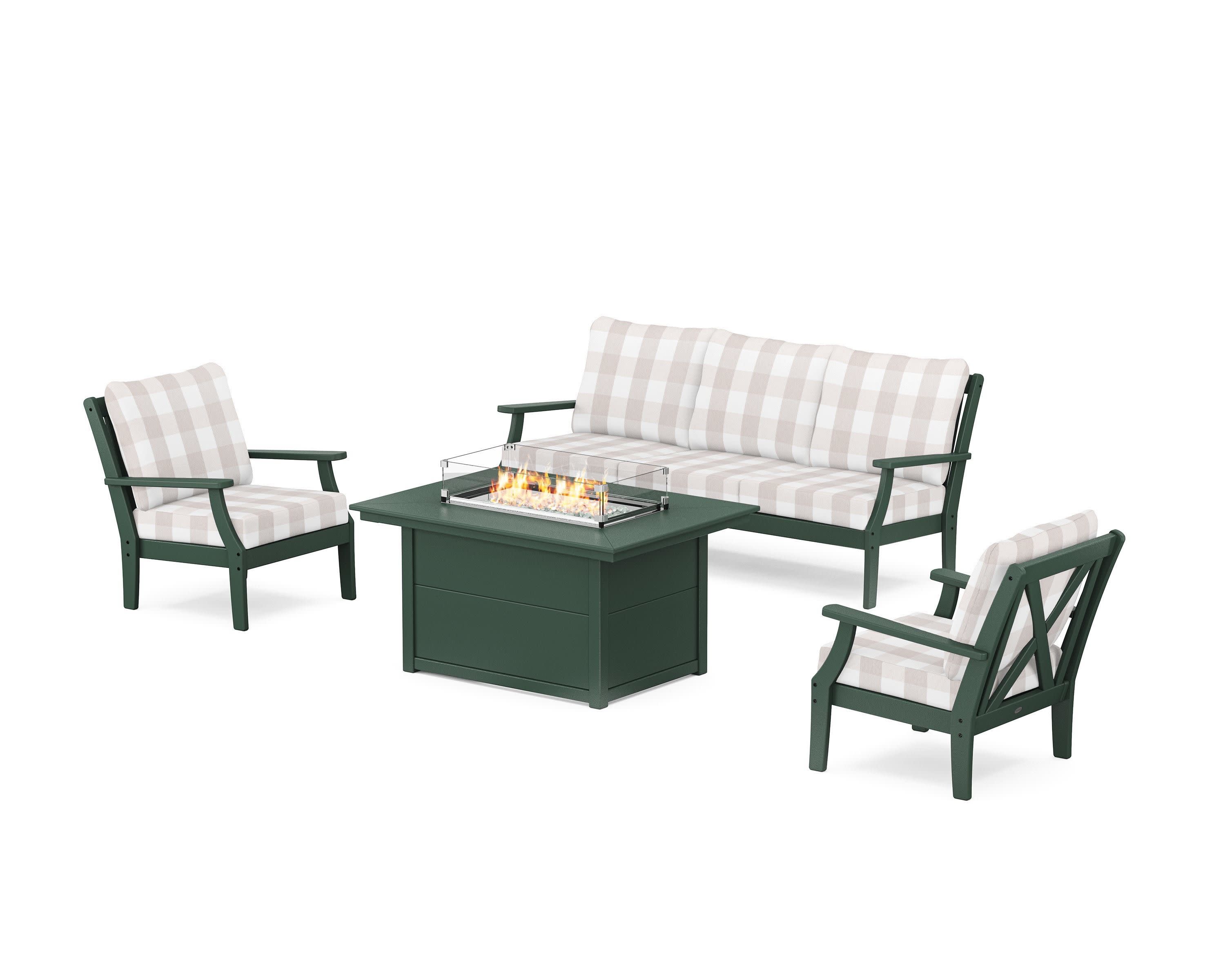 Braxton Deep Seating Fire Pit Table Set in Green / Buffalo Plaid Dune Burlap