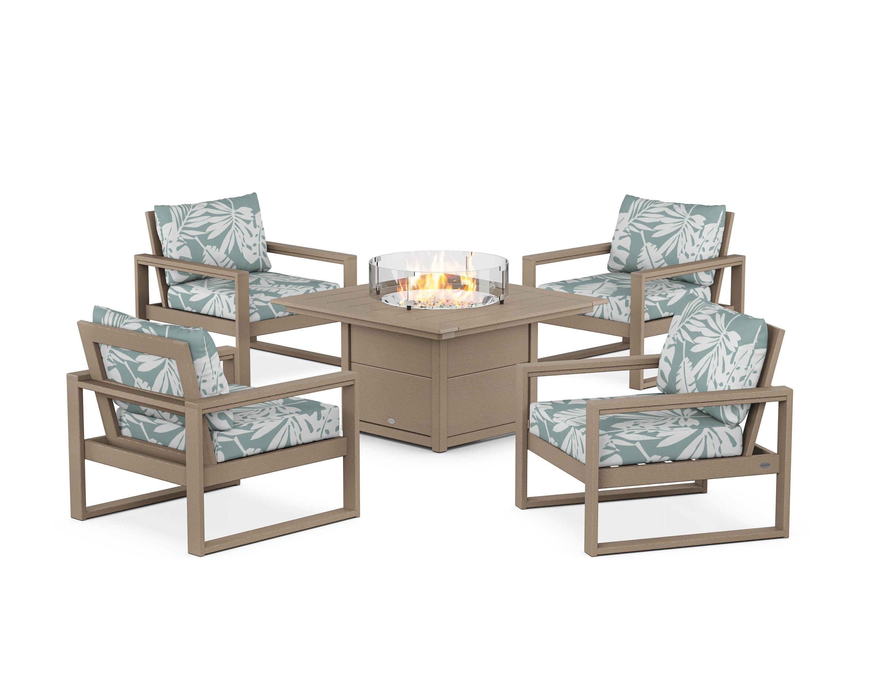 EDGE Sectional 5-Piece Deep Seating Set with Fire Pit Table in Vintage Sahara / Leaf Glacier Spa