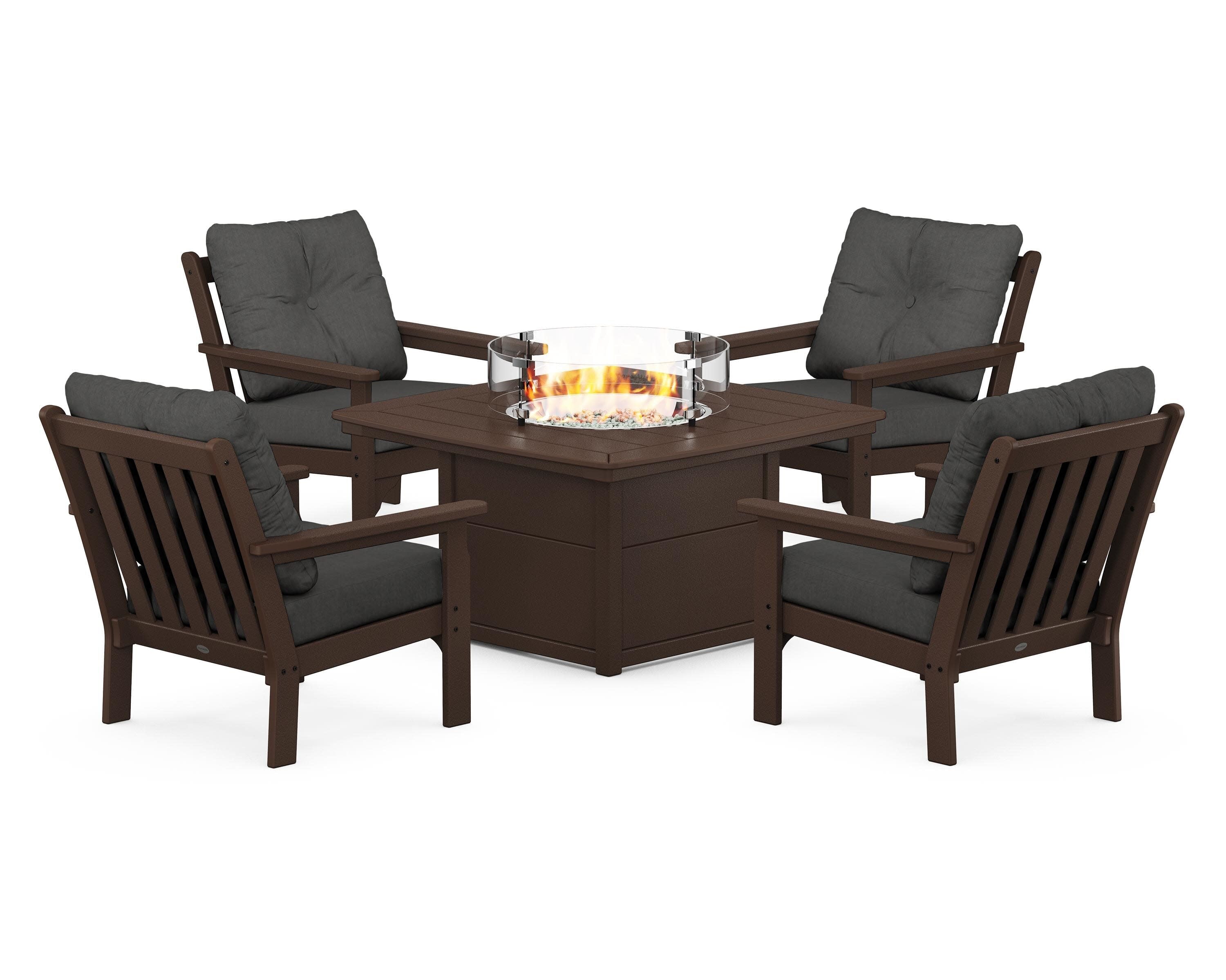 Vineyard 5-Piece Conversation Set with Fire Pit Table in Mahogany / Spectrum Carbon