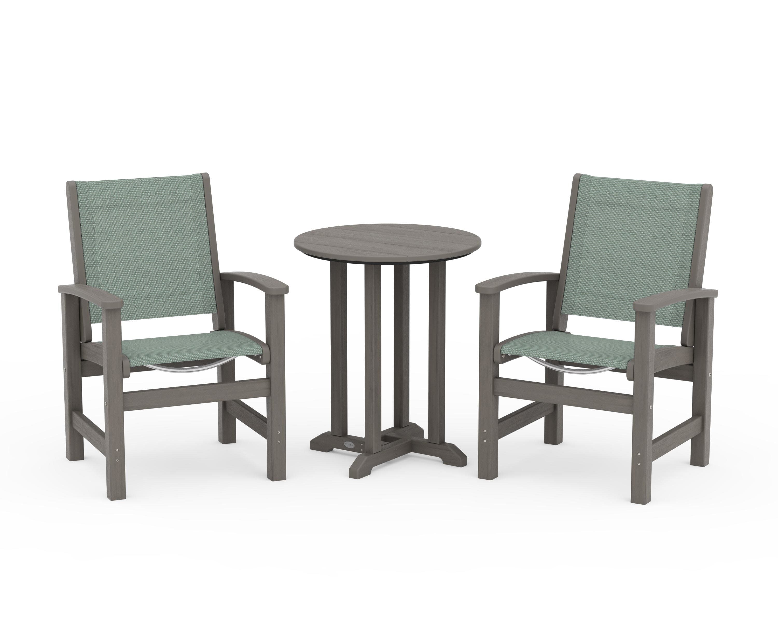 Coastal 3-Piece Round Bistro Dining Set in Driftwood / Dupioni Sea Mist Sling