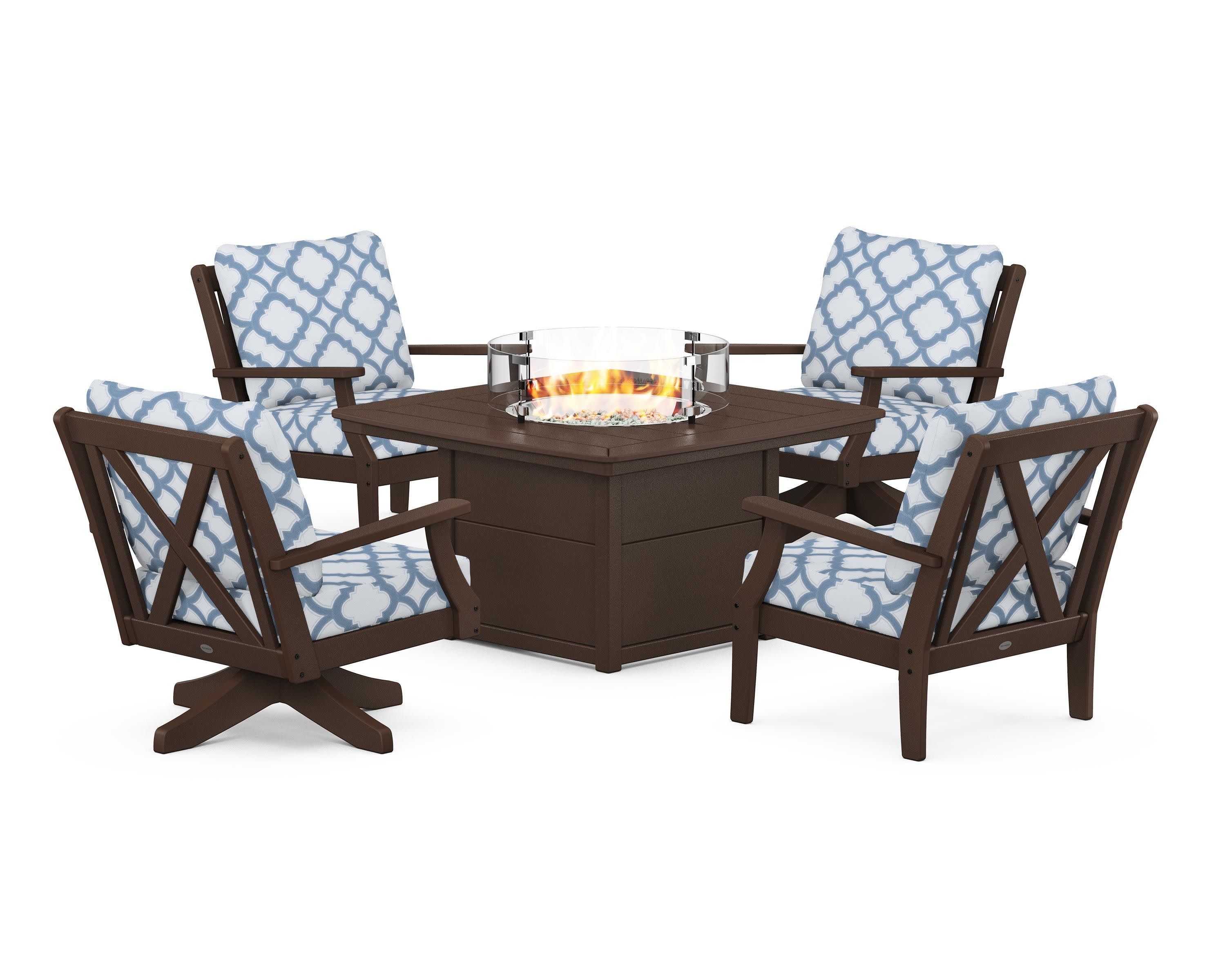 Braxton 5-Piece Deep Seating Set with Fire Table in Mahogany / Trellis Sky Blue