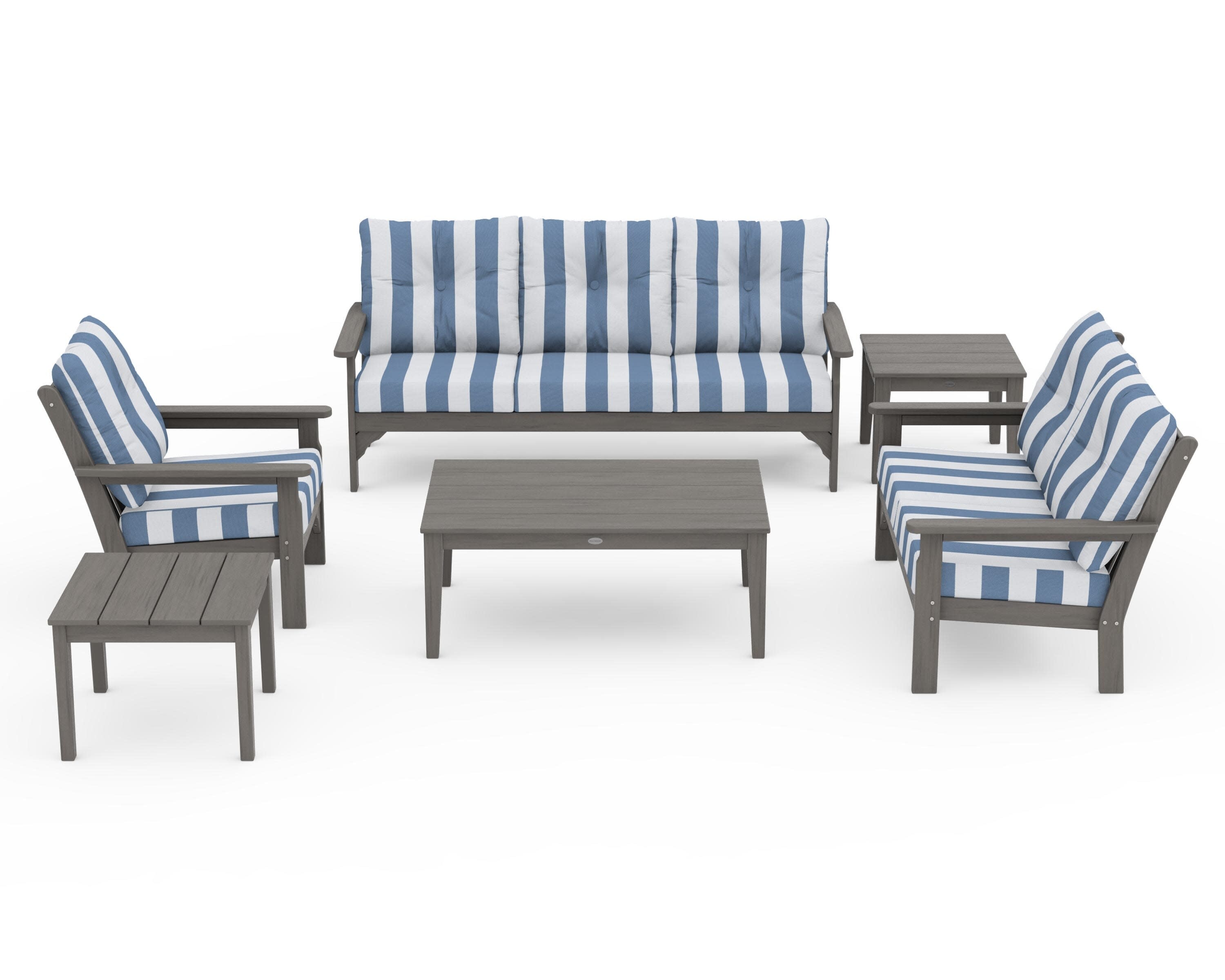 Vineyard 6-Piece Deep Seating Set in Driftwood / Cabana Stripe Sky Blue