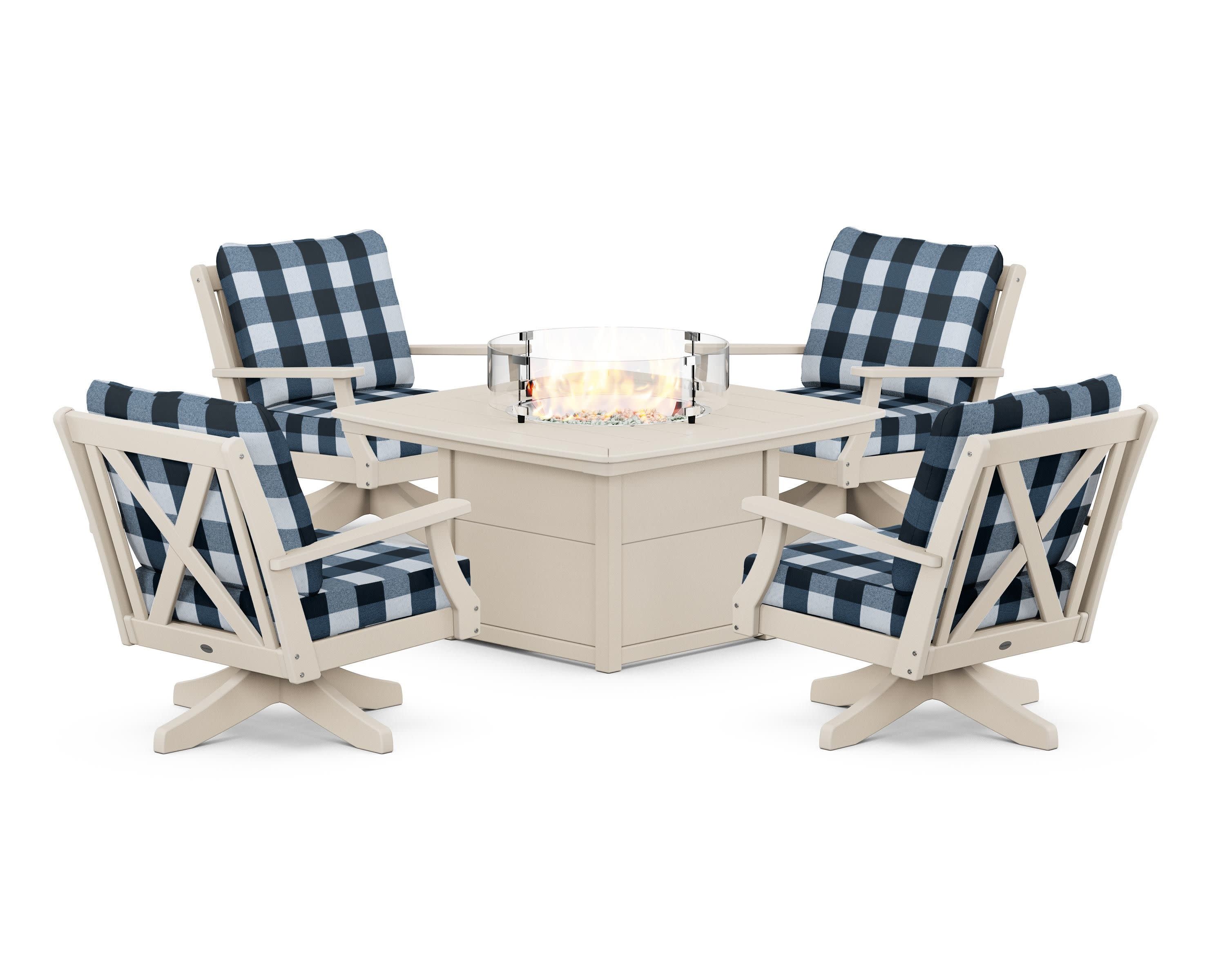 Braxton 5-Piece Deep Seating Swivel Conversation Set with Fire Pit Table in Sand / Buffalo Plaid Marine Indigo
