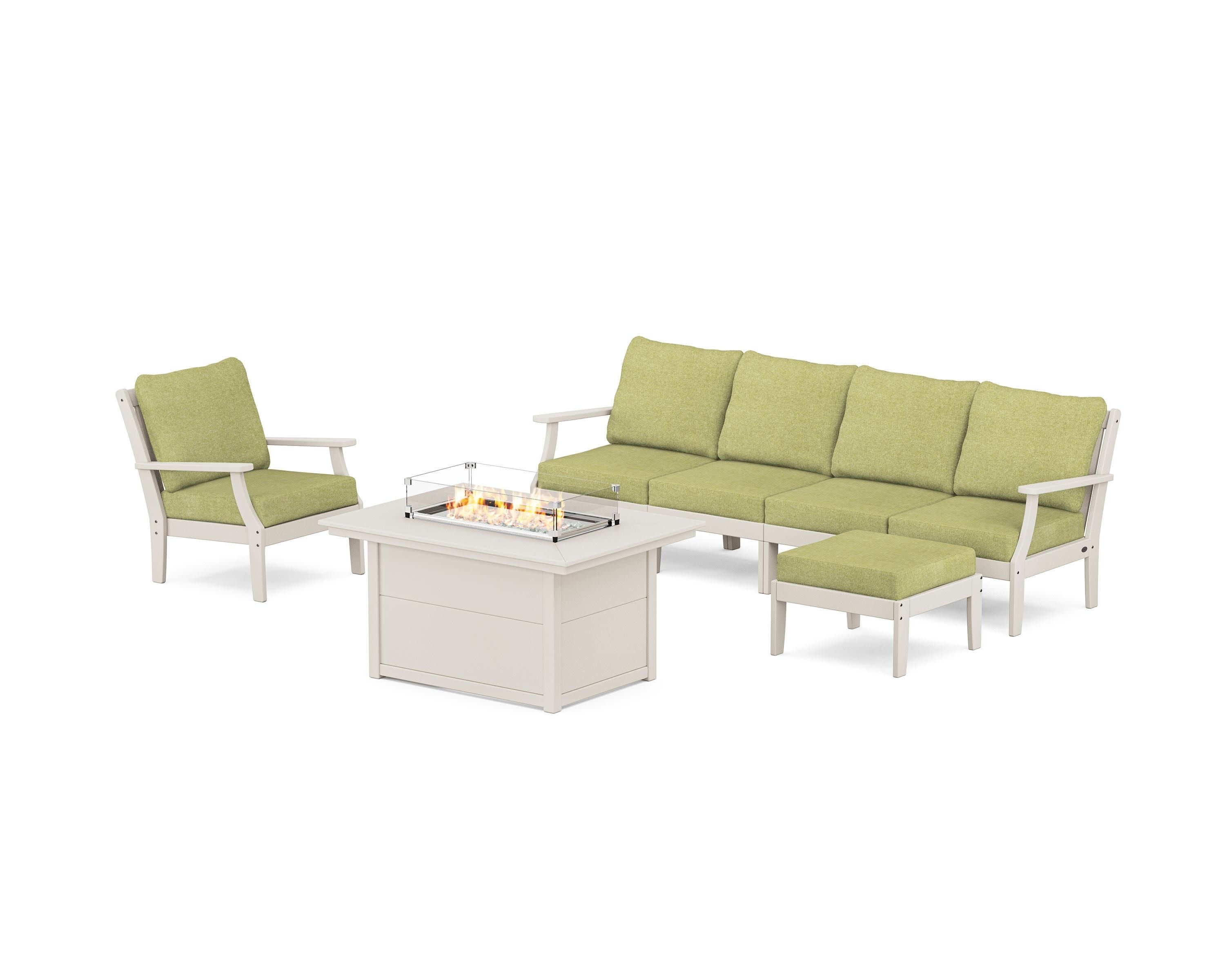 Braxton Sectional Lounge and Fire Pit Set in Sand / Chartreuse Boucle