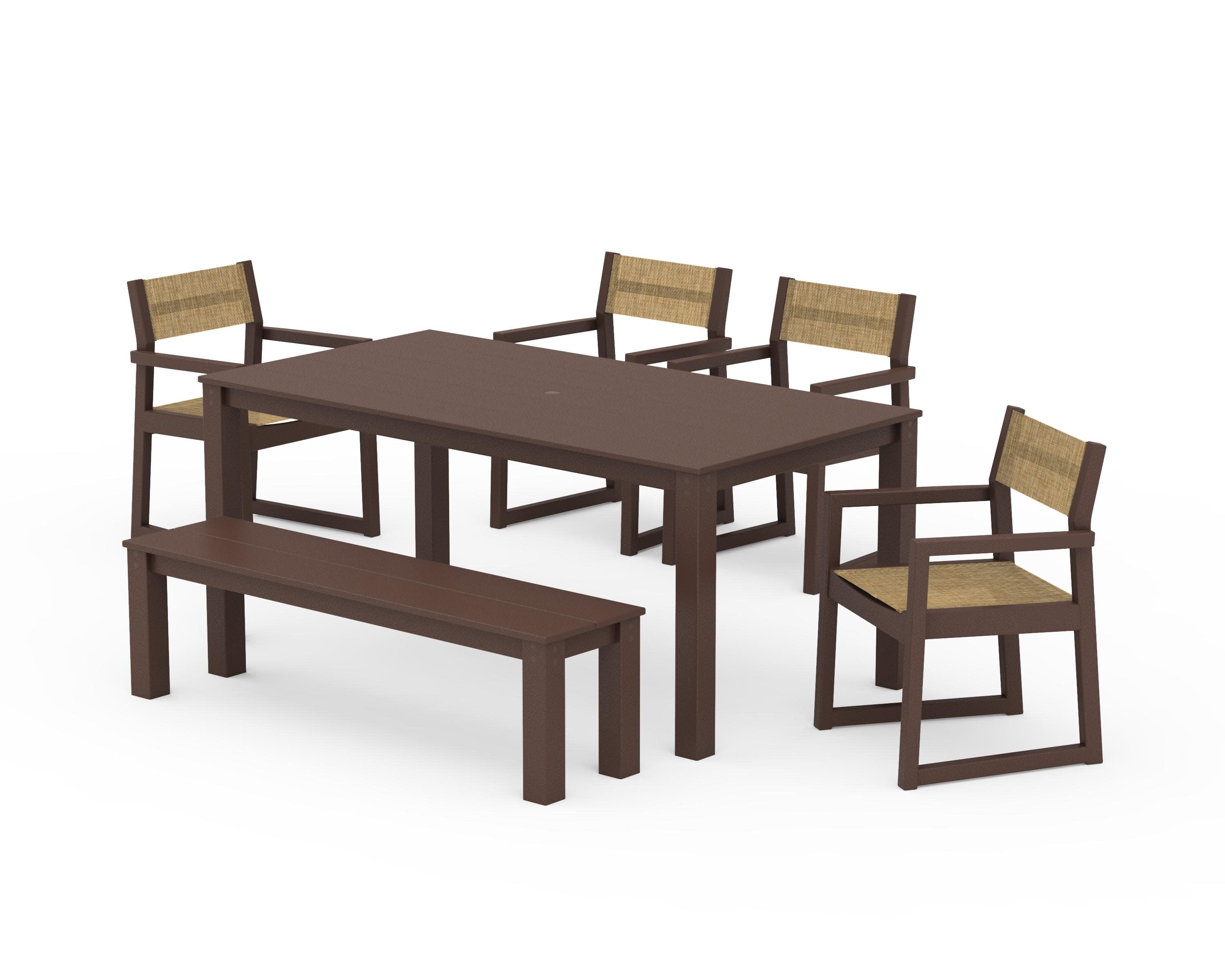 EDGE Sling Arm Chair 6-Piece Parsons Dining Set with Bench in Mahogany / Burlap Sling
