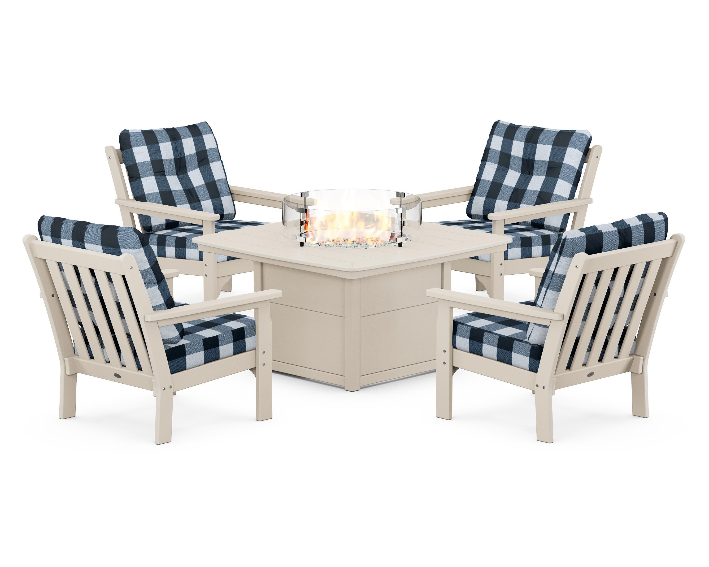 Vineyard 5-Piece Conversation Set with Fire Pit Table in Sand / Buffalo Plaid Marine Indigo