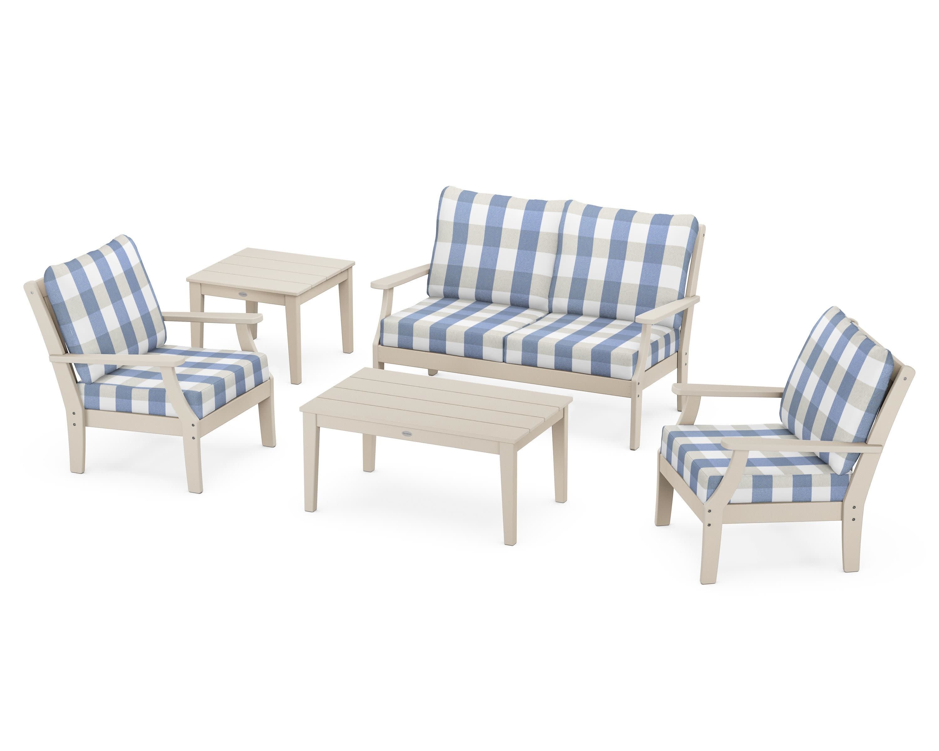 Braxton 5-Piece Deep Seating Set in Sand / Buffalo Plaid Sky Blue