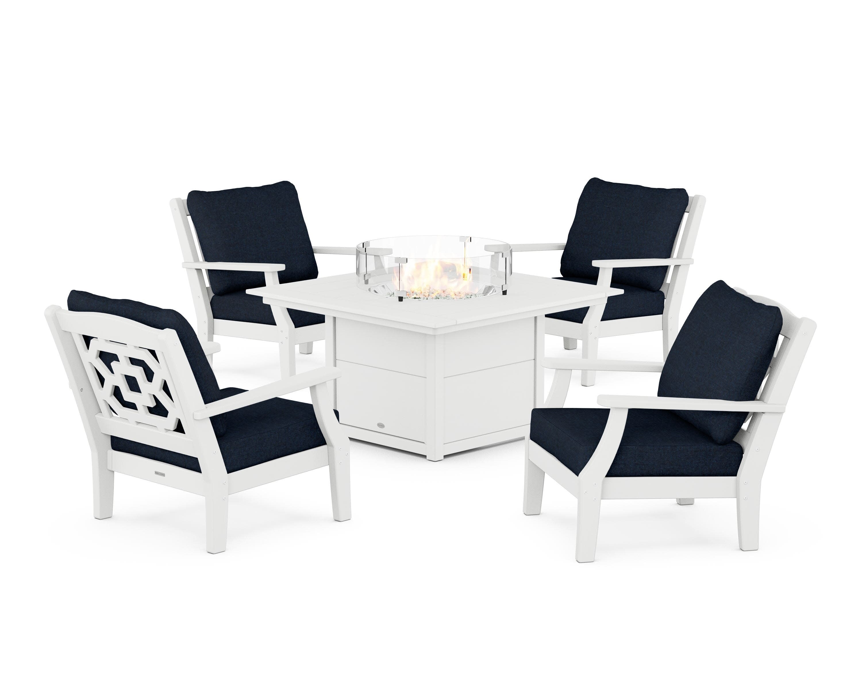Chinoiserie 5-Piece Deep Seating Set with Fire Pit Table in White / Marine Indigo