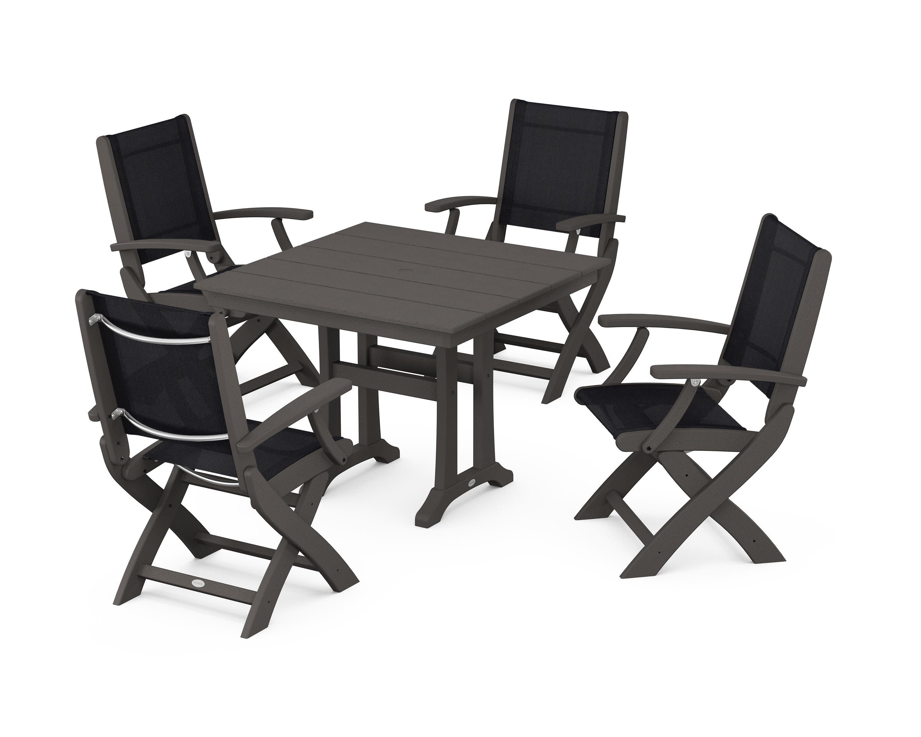 Coastal Folding Chair 5-Piece Farmhouse Dining Set With Trestle Legs in Vintage Coffee / Black Sling